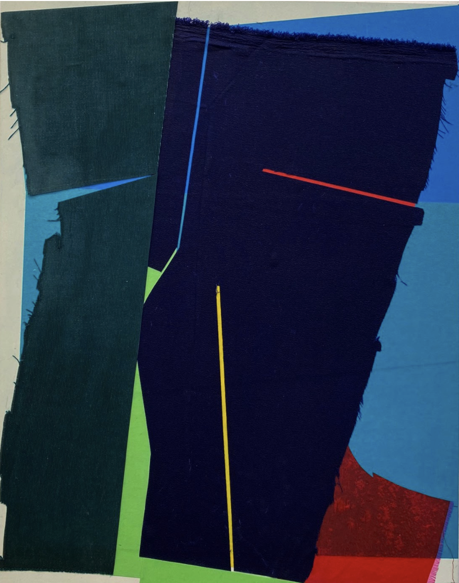 Abstract composition featuring layered geometric shapes in dark navy, teal, lime green, and red, with thin colored lines—blue, red, and yellow—traversing the surface. Textured fabric strips with visible fraying create vertical movement against smooth paper elements on a neutral ground.