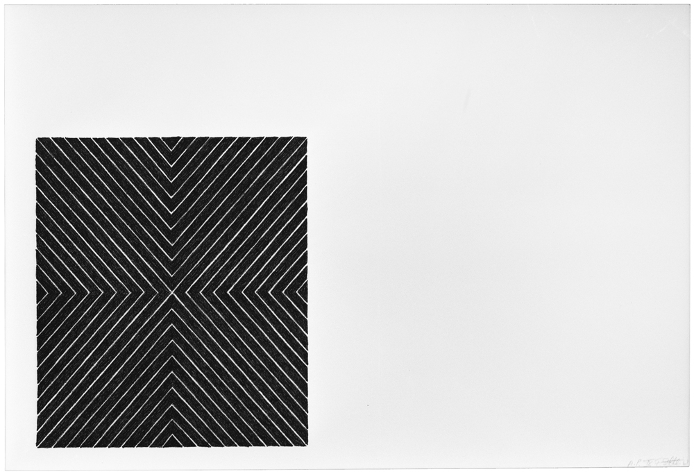 Black and white geometric composition featuring concentric chevron and diagonal line patterns that radiate from the center, creating an optical illusion of depth and movement within a rectangular format.