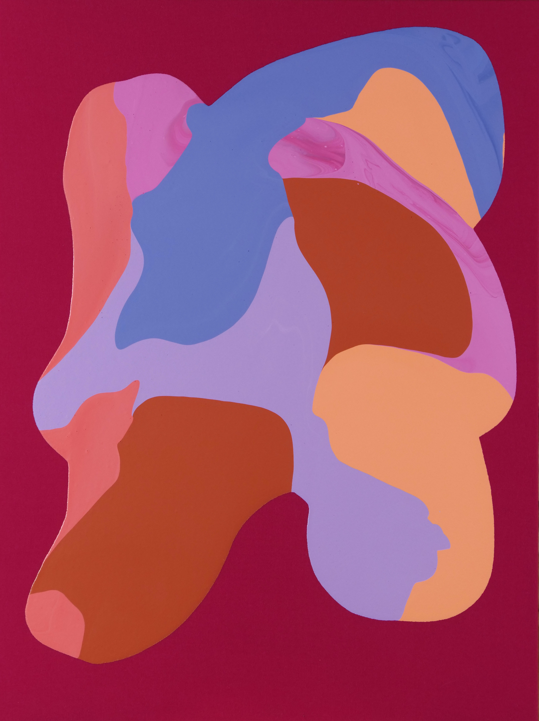 Abstract composition of layered, organic shapes in shades of blue, pink, coral, rust, and peach against a deep magenta background, creating a fluid, interlocking form with soft, undulating edges.