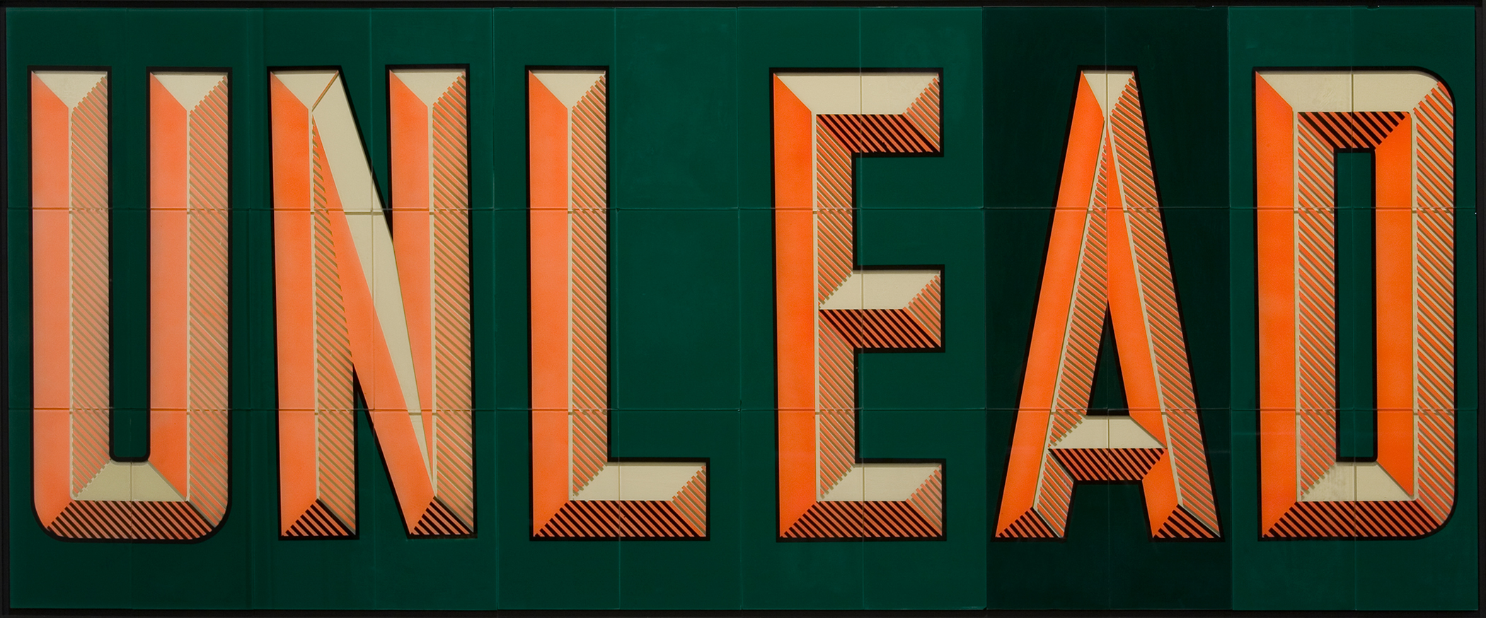 Bold orange capital letters with dimensional shading and diagonal line textures spell out a word against a deep teal grid background. The letters feature cream-colored highlights and burgundy hatching that create a three-dimensional, relief-like effect reminiscent of vintage signage or architectural lettering.