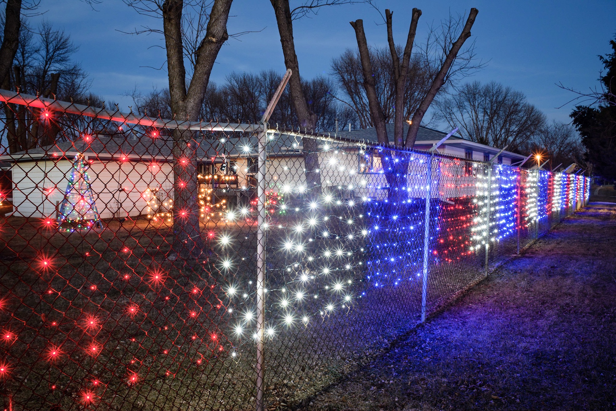 A chain-link fence illuminated with strings of red, white, and blue lights stretches across a twilight landscape, creating a patriotic color-block pattern. Bare winter trees rise behind the fence while residential buildings are visible in the distance under a deepening blue sky.