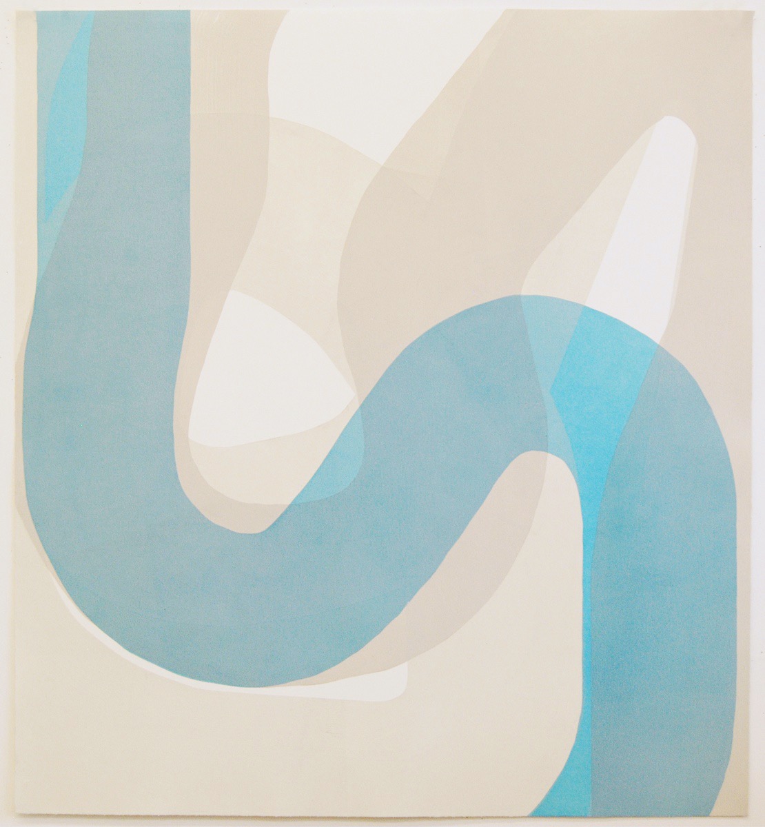 Abstract relief print featuring organic, flowing forms in soft teal blue against a cream and beige background. Interlocking curved shapes create a sense of movement, with subtle layering and dimensional quality characteristic of the relief printing technique.
