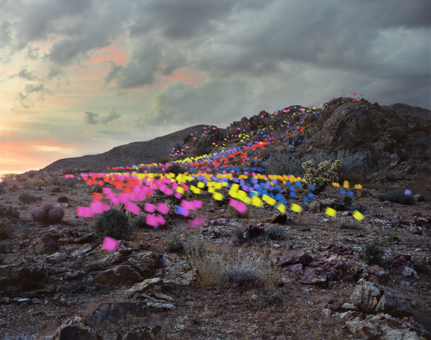 Colorful neon flags in magenta, yellow, and blue form a diagonal line across a rocky desert hillside at dusk, creating a vivid contrast against the muted tones of sand, stone, and sparse vegetation under a dramatic cloudy sky.