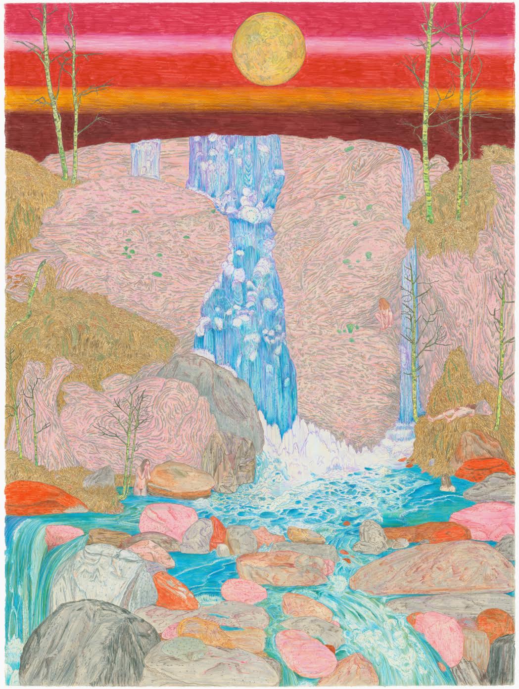 A landscape rendered in colored pencil depicting a waterfall cascading through layered rock formations into a turquoise stream, flanked by birch trees and golden vegetation. The composition is dominated by a dramatic sunset sky in shades of pink, red, and orange, with a pale yellow moon suspended above the misty, undulating terrain rendered in swirling pink and warm tones.
