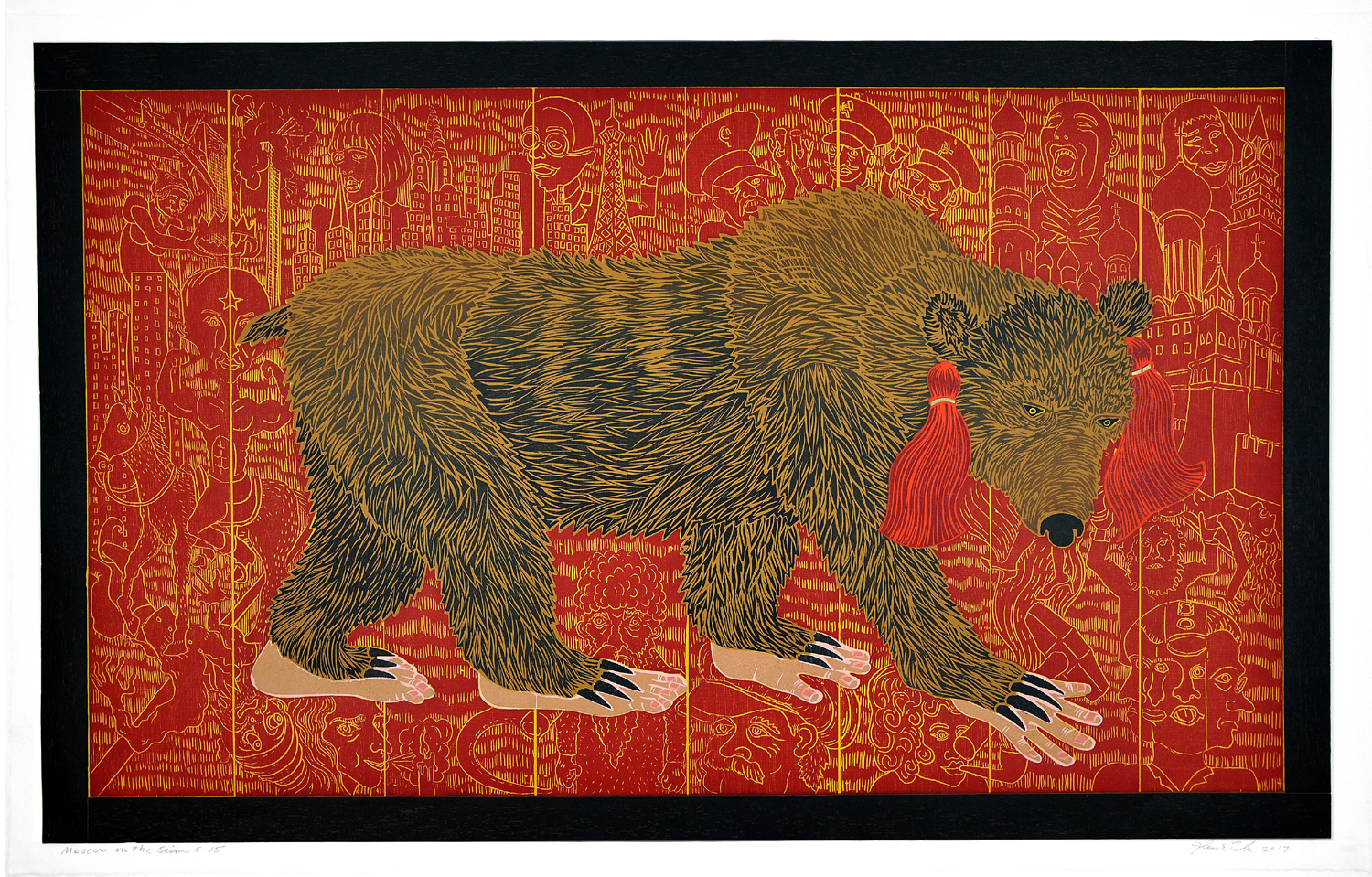 A large bear wearing red fabric adorns walks across a richly patterned red and gold background filled with ornate architectural details and decorative motifs. The animal is rendered in warm brown and black tones with careful attention to its fur texture, contrasting dramatically against the intricate, densely detailed backdrop.