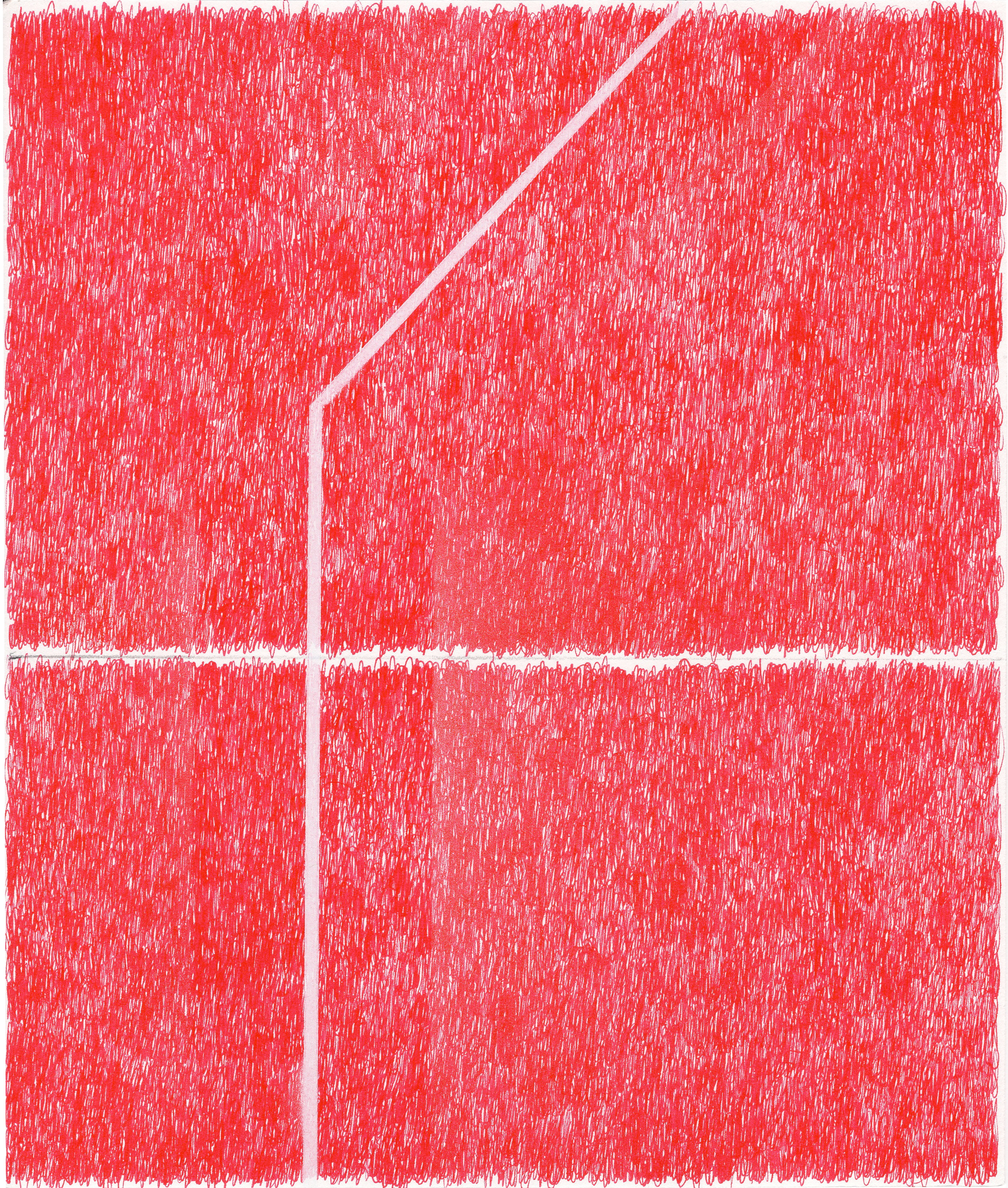 A vibrant red abstract composition divided by white linear elements forming a geometric house-like shape. The entire surface is densely textured with vertical streaking and marks, creating a dynamic, energetic effect across the divided sections.