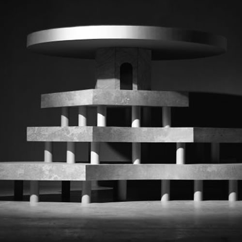 Monochromatic architectural model featuring stacked horizontal concrete platforms with cylindrical supporting columns, topped by a large curved disc element. The geometric composition is photographed against a dark background, emphasizing the stark contrasts and modernist design of the handbuilt structure.