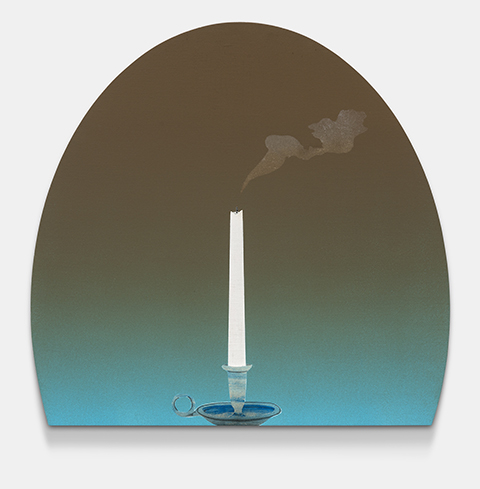 A shaped canvas painting depicting a lit candle in a blue dish against a gradient background that transitions from dark brown-gray at the top to turquoise at the bottom, with subtle smoke wisps rising above the flame.