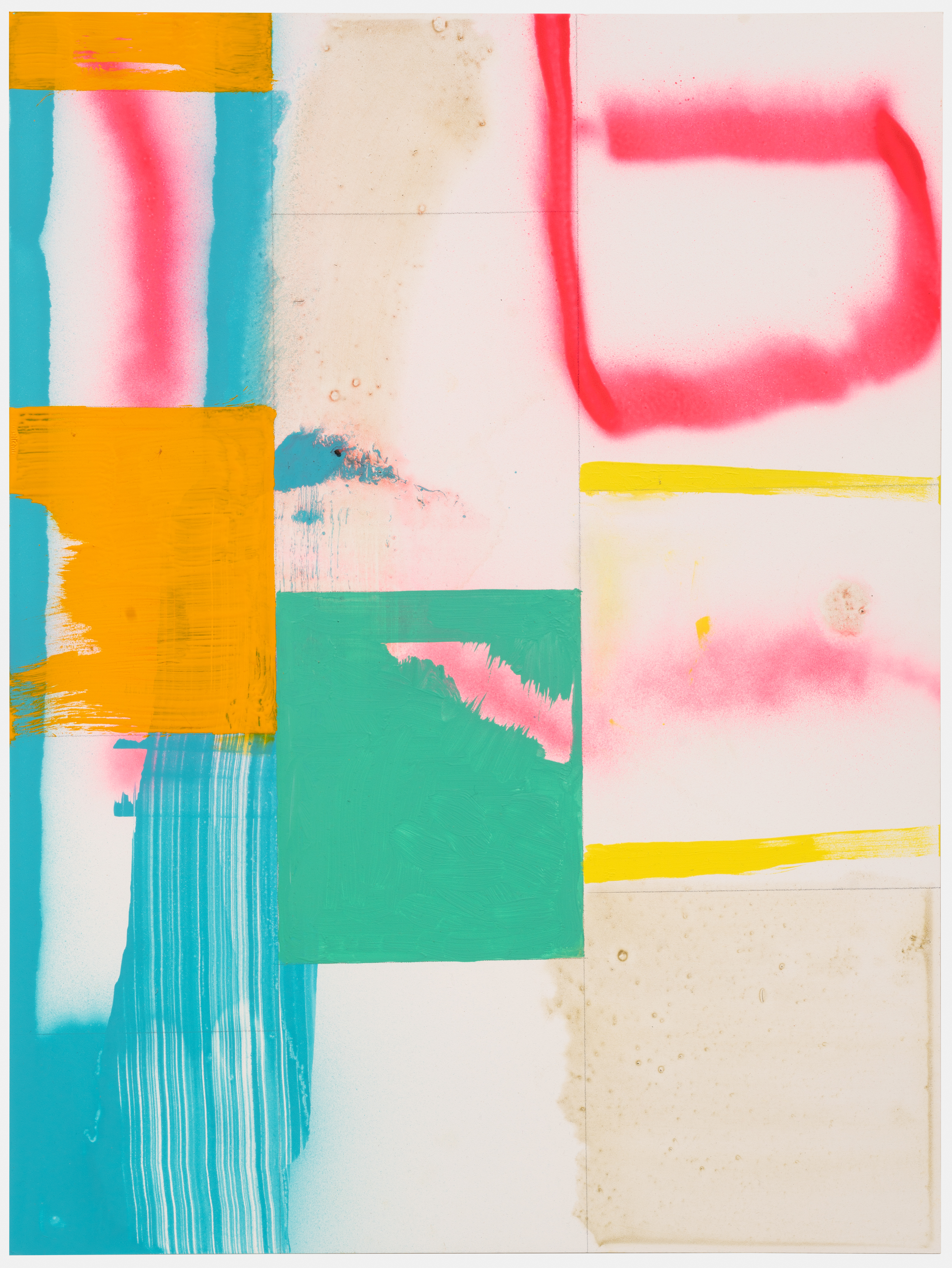 Abstract composition on cream-colored board featuring geometric shapes and gestural marks in vibrant colors including turquoise, hot pink, yellow, orange, and green. Layered rectangular forms with blurred edges and painterly strokes create a dynamic interplay between structured and spontaneous elements.