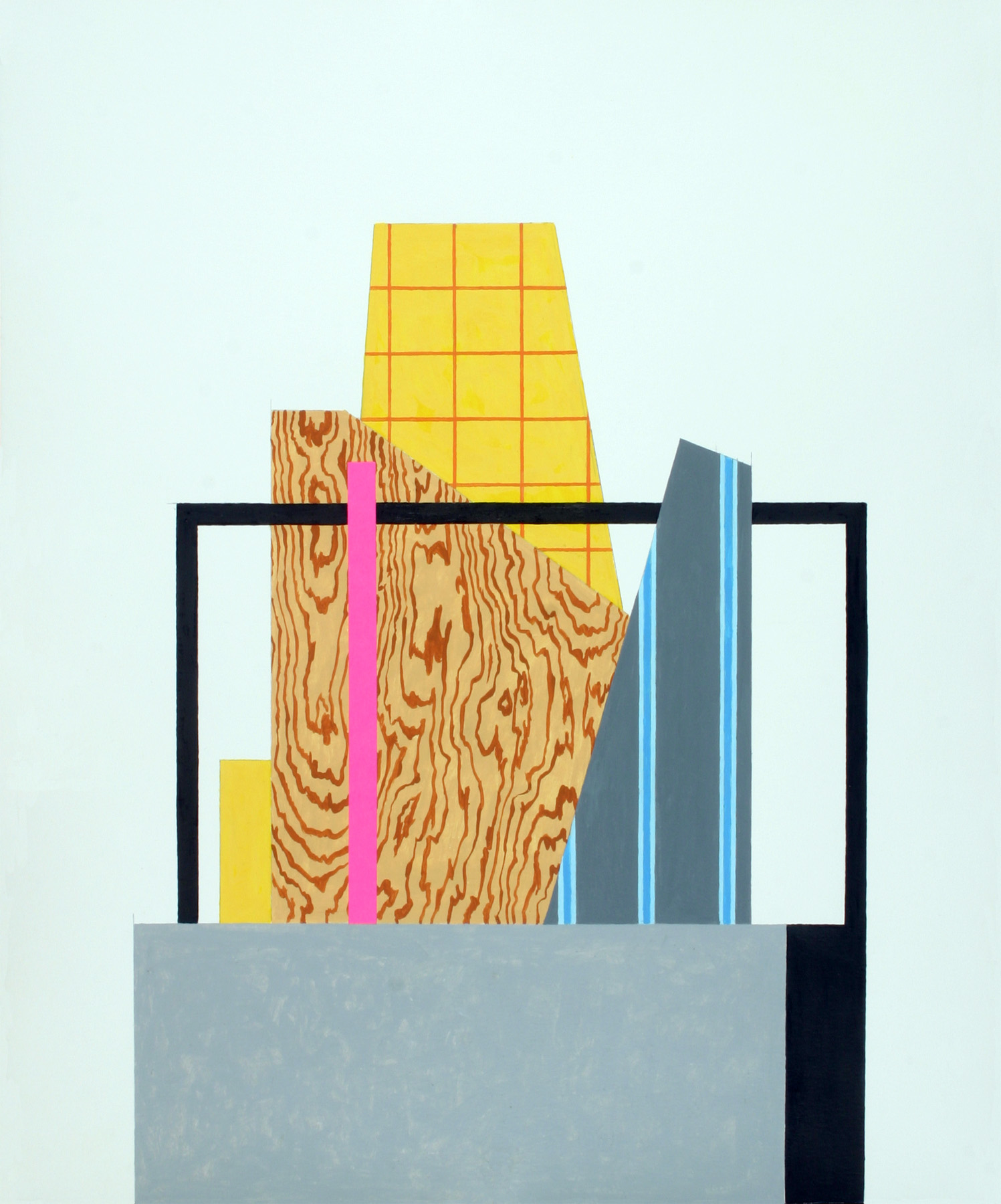 Abstract composition featuring geometric shapes in bold colors—a yellow grid-patterned trapezoid, wood-grain textured panels in tan and orange, a bright pink vertical stripe, and dark blue-gray forms with blue accents—arranged within a black-outlined rectangular frame sitting atop a gray base against a pale blue background.