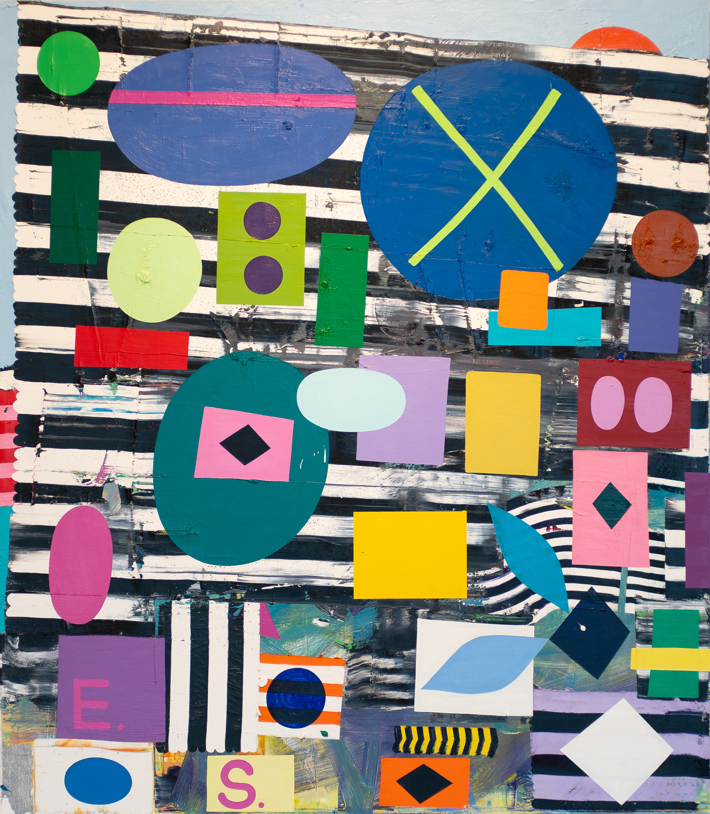 Vibrant abstract composition featuring geometric shapes in bold primary and secondary colors—circles, rectangles, diamonds, and ovals—layered over a black and white striped background. The densely packed arrangement creates a dynamic, playful visual rhythm with overlapping forms in bright greens, blues, pinks, yellows, and oranges against the contrasting striped ground.