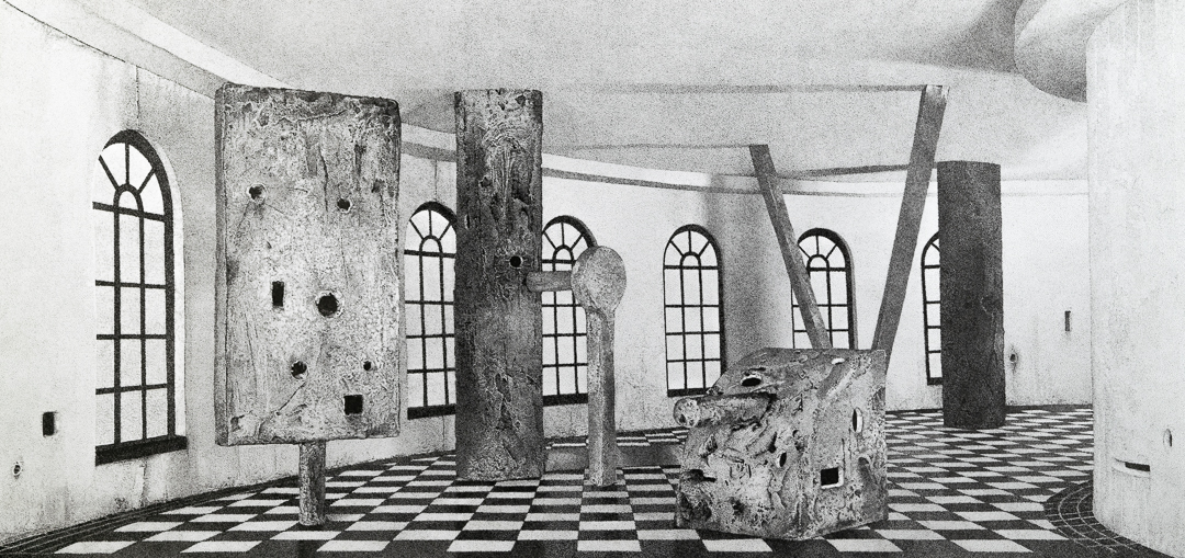 Black and white architectural interior with weathered concrete columns and walls featuring a geometric checkerboard floor. Multiple arched windows with grid patterns line the space, while irregular holes and openings punctuate the surfaces, creating an ambiguous sense of decay or deliberate abstraction.