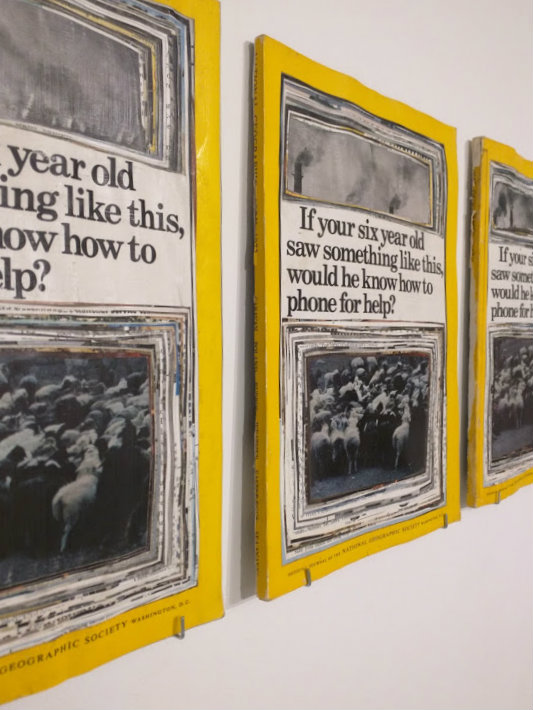 Three framed collages with bright yellow borders displayed on a white wall, each containing a black-and-white photograph of a crowd scene paired with text questioning whether a young child would know to seek help. The frames feature metallic silver inner borders and appear to be part of a larger series.