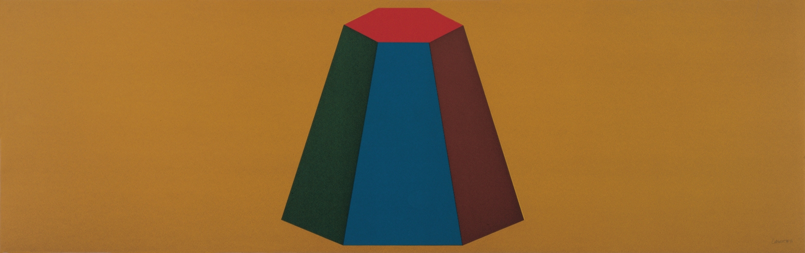 A geometric trapezoid form rendered in flat planes of deep green, bright blue, and burgundy red, topped with a red hexagonal shape, set against a warm ochre background. The composition uses bold color blocking and clean lines characteristic of minimalist geometric abstraction.