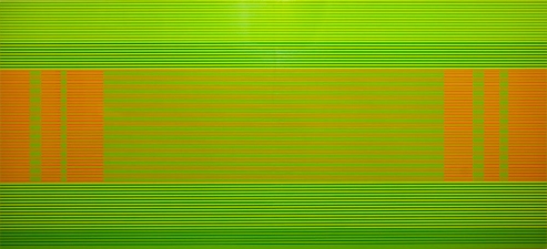 Horizontal composition featuring a lime green field interrupted by vertical orange-red striped sections on the left and right sides, with thin horizontal lines creating a subtle linear texture throughout, separated by solid green bands top and bottom.