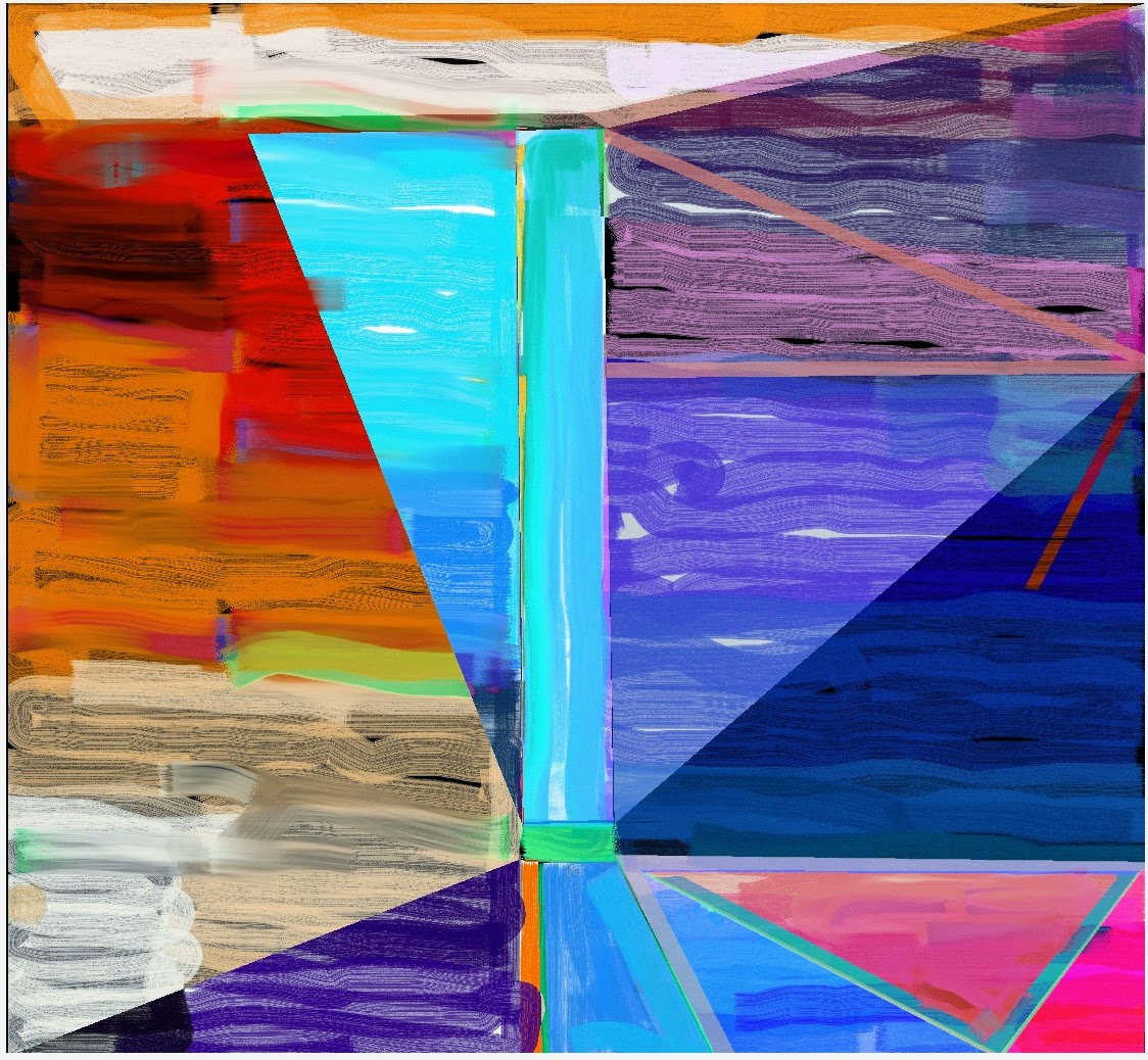 Abstract digital composition featuring bold geometric divisions with vibrant color blocks: warm oranges and reds on the left transitioning to cool cyan, purple, and deep blue sections on the right. Vertical and diagonal lines in neon green and cyan create structural divisions across the composition, while varied textures—from smooth gradient areas to linear brushwork—layer throughout. The palette shifts dramatically from warm earth tones in the lower left to cool jewel tones dominating the upper right and center.