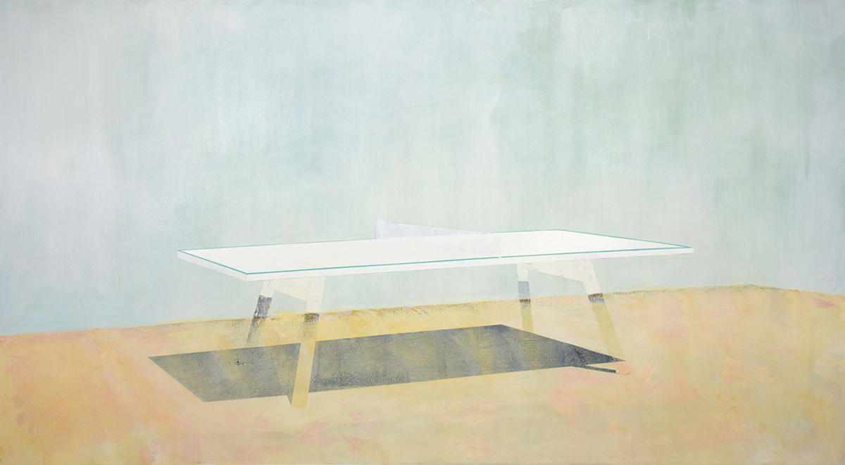 A minimalist painting depicting a rectangular glass or transparent table suspended above sandy ground, with yellow-painted wooden legs. The composition features a pale blue-gray sky above and warm beige tones below, creating a stark, dreamlike landscape with subtle gradations of color.