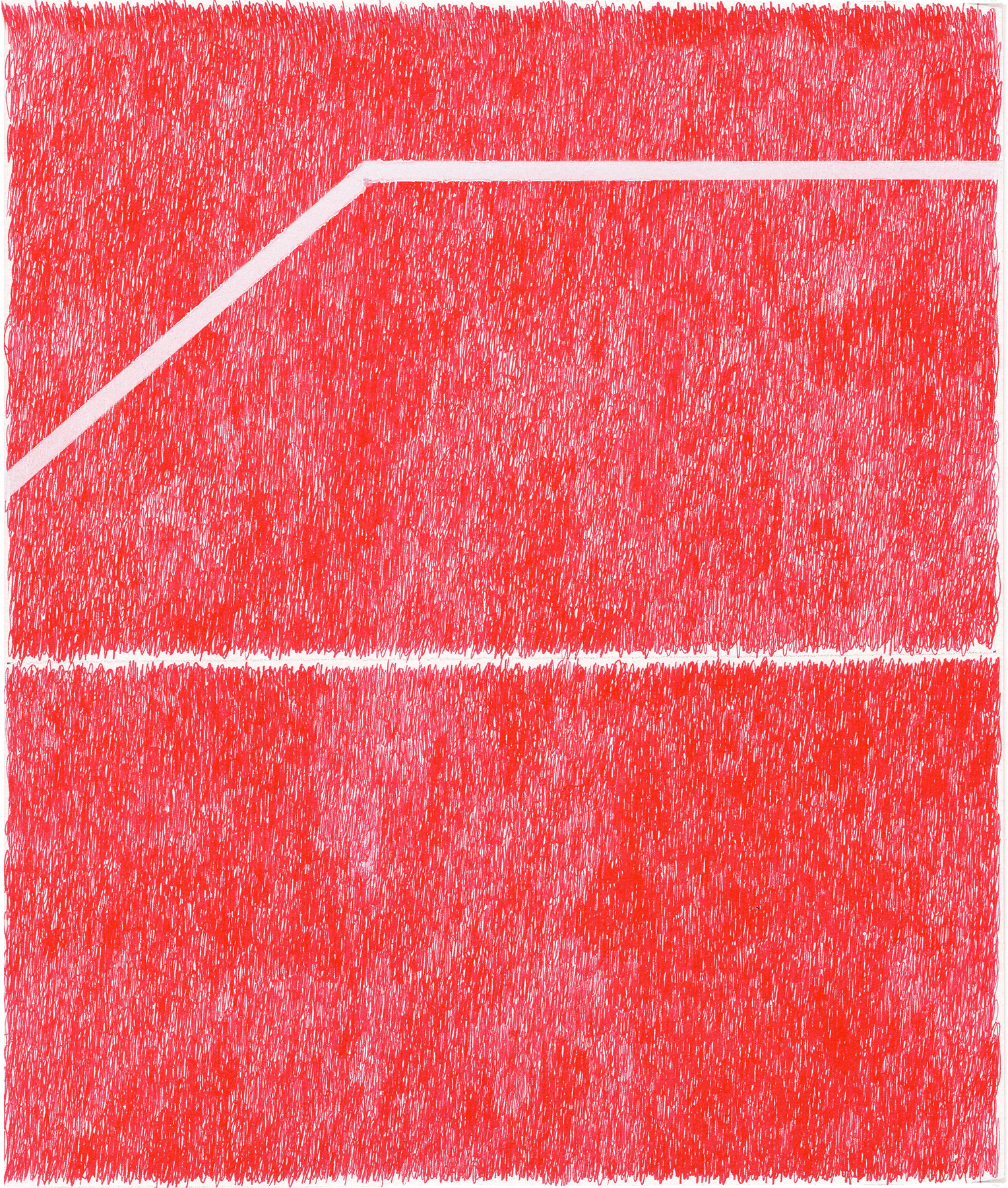Abstract composition featuring a dense field of red and pink scribbled marks covering the entire surface, interrupted by clean white horizontal and diagonal lines that create geometric divisions across the work.