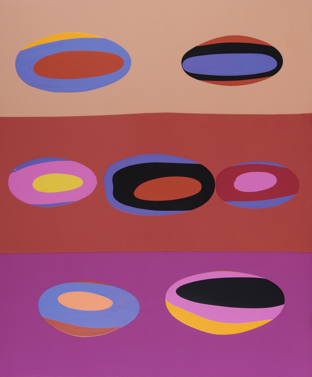 Colorful abstract composition featuring seven nested elliptical forms arranged across three horizontal bands of contrasting colors—tan, deep red, and magenta. Each ellipse displays layered rings in vibrant hues of blue, pink, yellow, black, and coral, creating a sense of depth and movement against the solid colored background sections.
