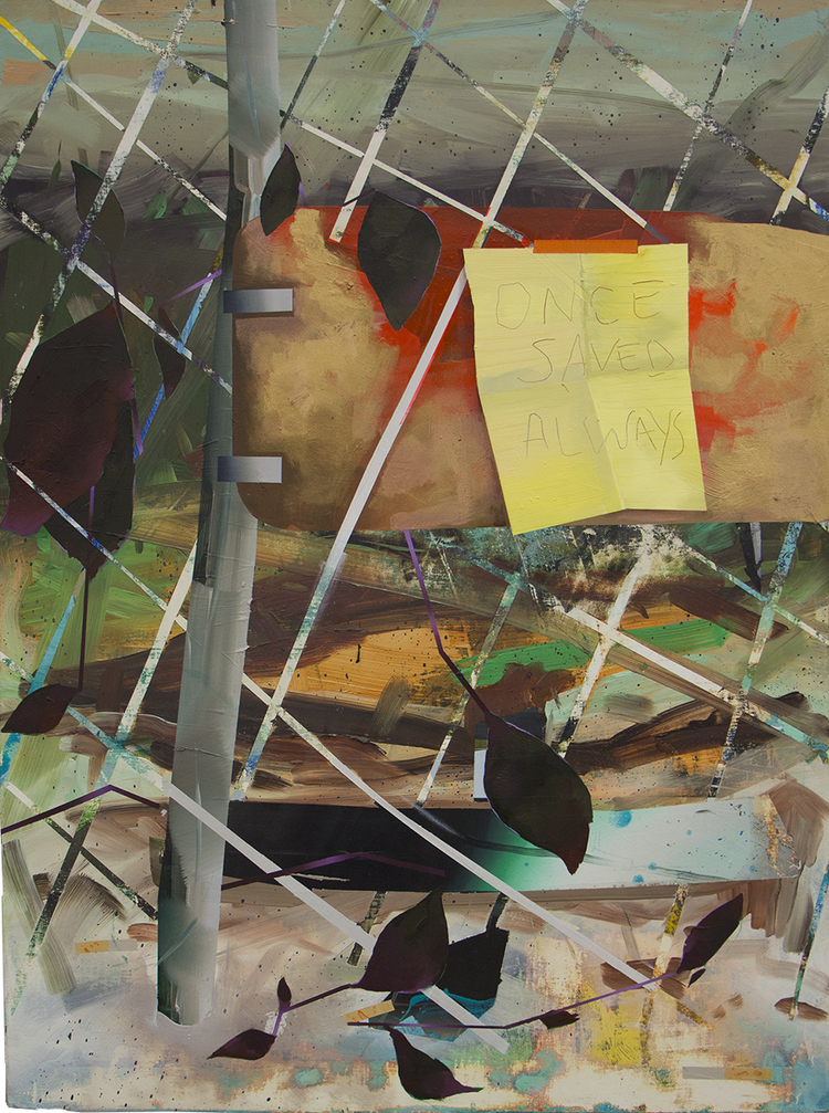 Mixed media artwork featuring a large painted face with black silhouette features against warm earth tones and greens, overlaid with white tape creating a grid pattern and colorful string or yarn. A yellow sticky note reading "ONCE SAVED ALWAYS" is affixed to the center, with scattered black leaf-like paper cutouts and paint splatters across the composition.