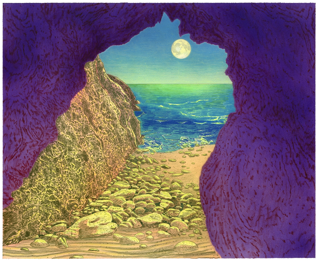 A surreal seascape viewed through a narrow cave opening framed by deep purple textured walls. Golden rocky outcrops and pale boulders line a sandy beach leading to turquoise and blue waters under a full moon in a cyan sky.
