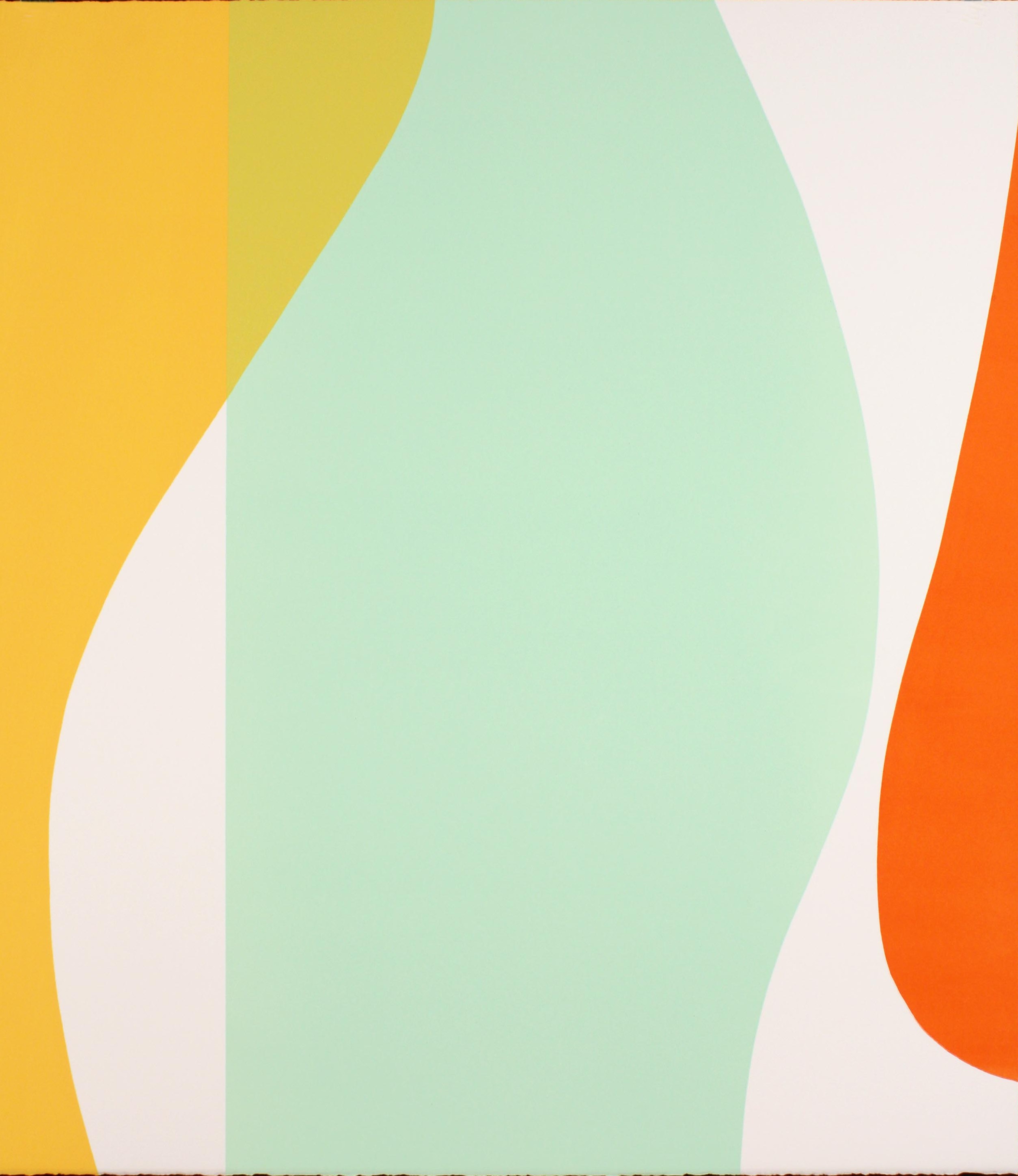 Abstract composition of flowing, organic shapes in soft yellow, mint green, and burnt orange separated by pale cream-colored bands, creating a balanced, biomorphic design with smooth curved edges and a gentle, modernist aesthetic.