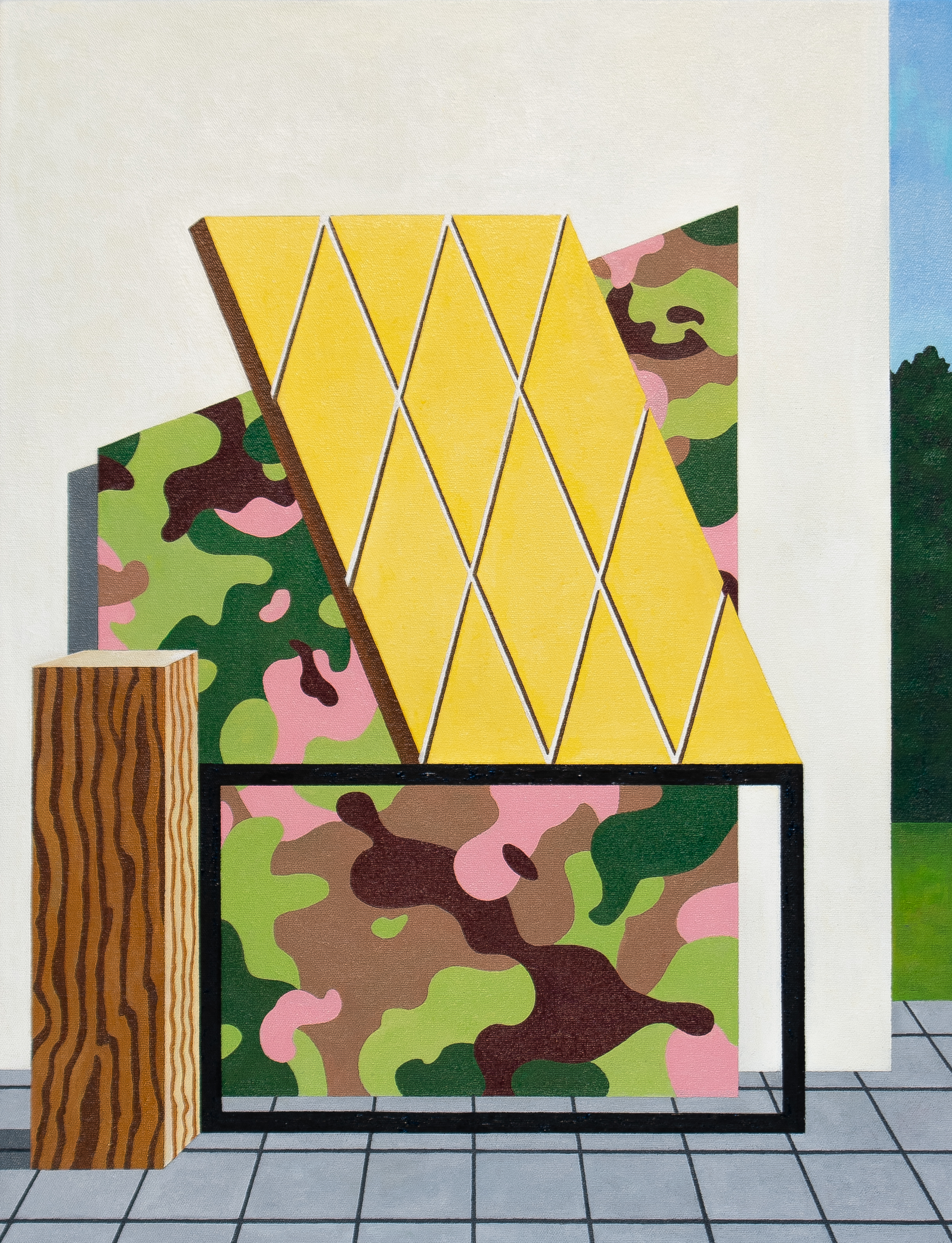 A geometric composition featuring a large yellow trapezoid with diamond lattice pattern layered over camouflage-patterned forms in green, brown, and pink. A wooden textured column in warm orange tones stands to the left, while a black-framed rectangular section anchors the lower portion, all arranged against a light background with a gridded floor.