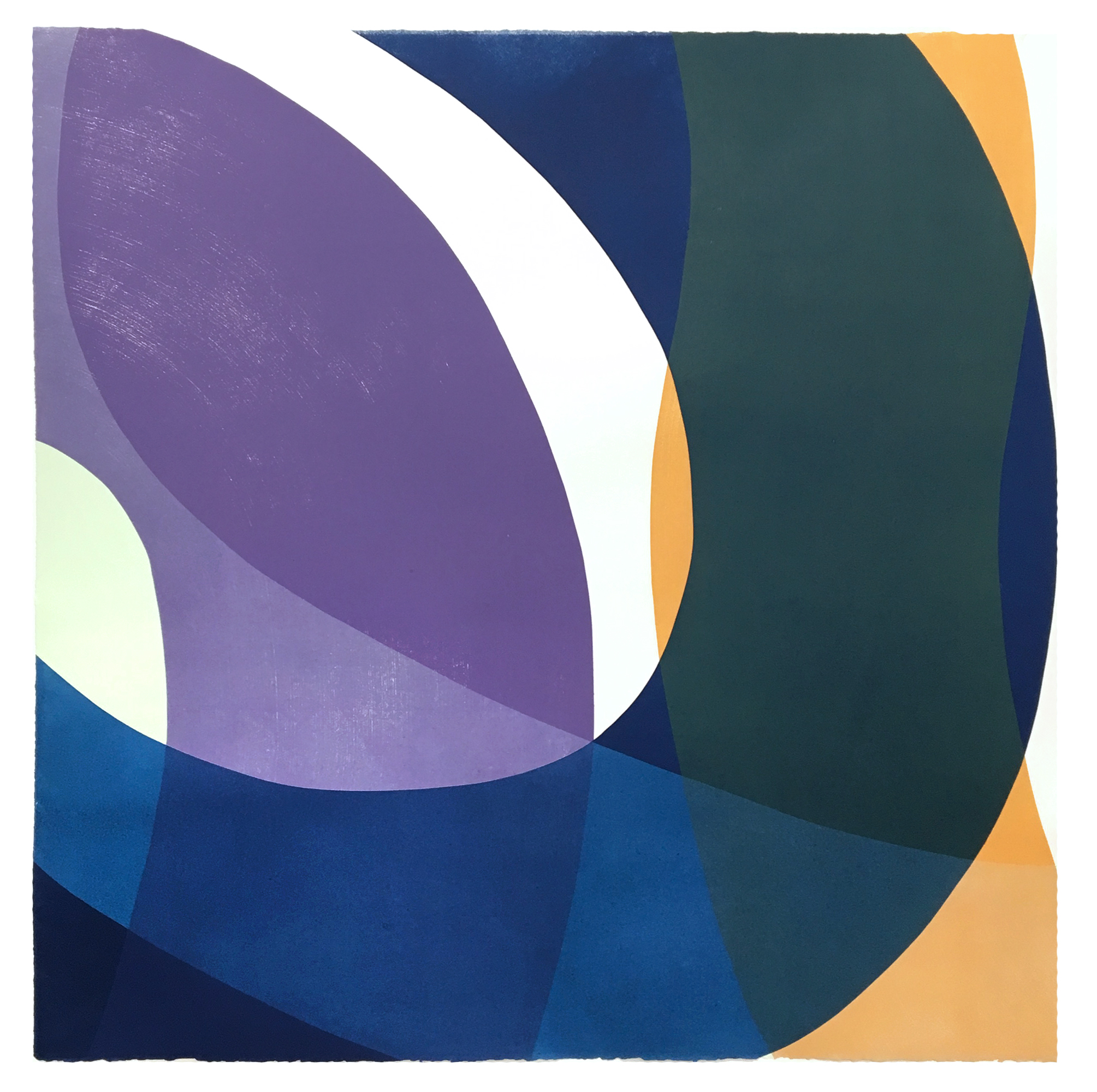 Abstract geometric composition featuring overlapping curved and angular shapes in deep blues, purples, teals, cream, and golden yellow. The layered forms create a sense of depth and movement across the square format, with visible texture and a tactile, printed quality to the surface.
