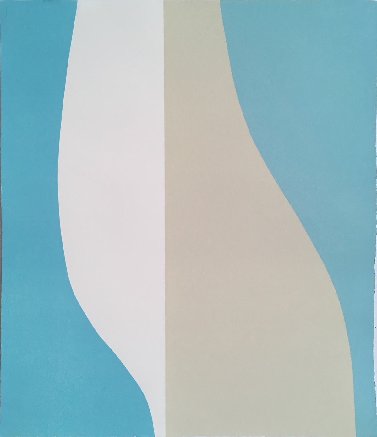Abstract composition featuring two curved vertical forms—one white and one pale beige—set against a turquoise blue background. The organic, flowing shapes create a sense of movement and balance through their opposing curves.