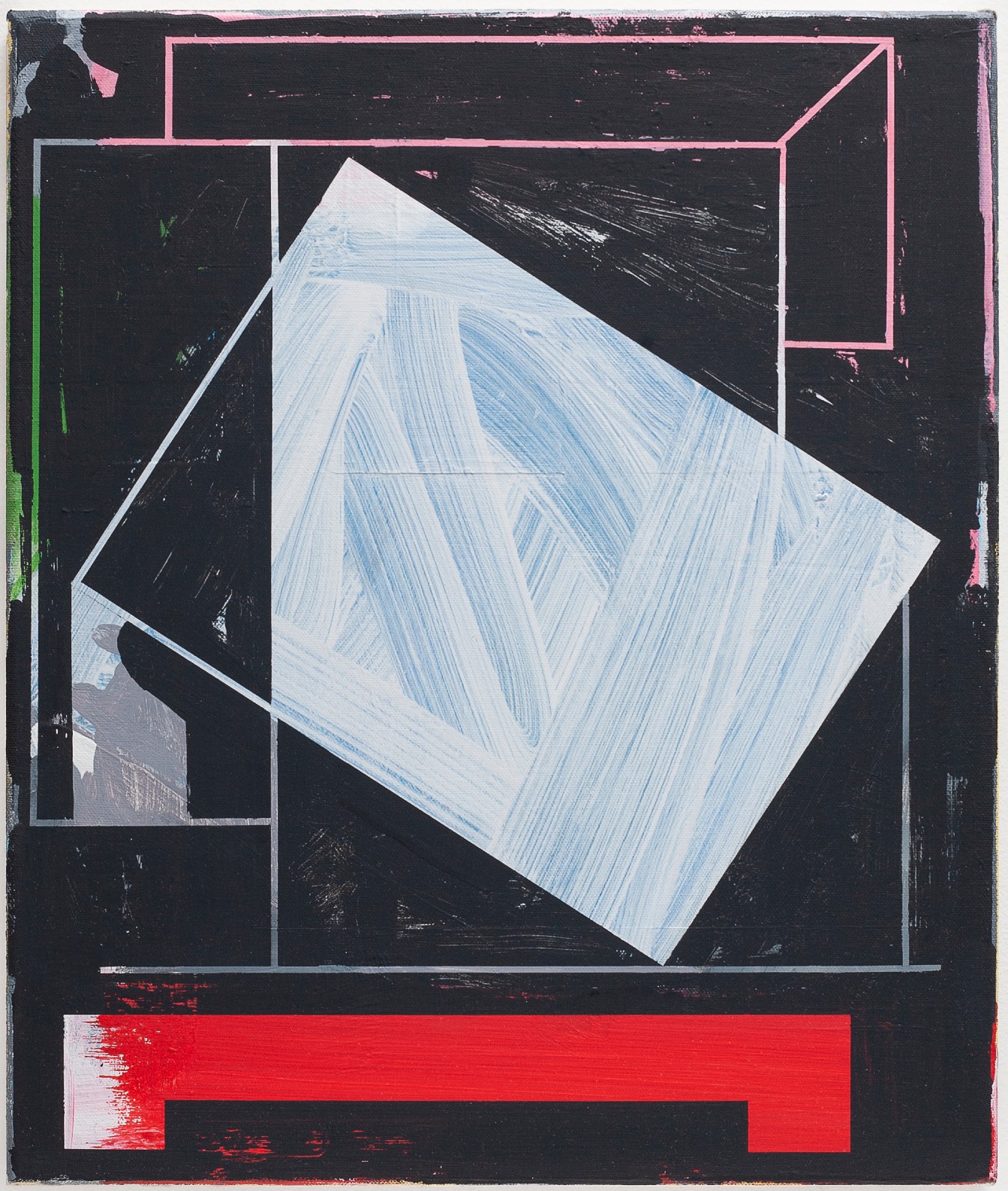 A tilted white plane with blue linear markings occupies the center of a black canvas, surrounded by geometric frames in white, pink, and green. A bold red rectangle with a black cutout appears at the bottom of the composition.
