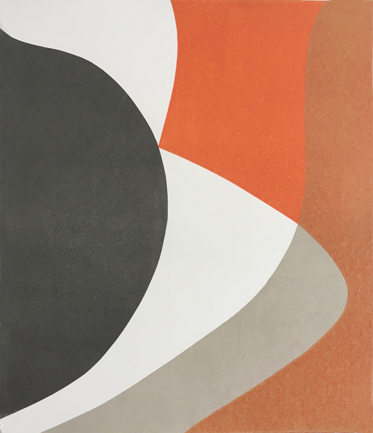 Abstract relief print featuring organic curved forms in charcoal gray, coral orange, taupe, and cream against a light background. The composition uses bold, flowing shapes that create a sense of movement and depth through overlapping planes and subtle tonal variations.
