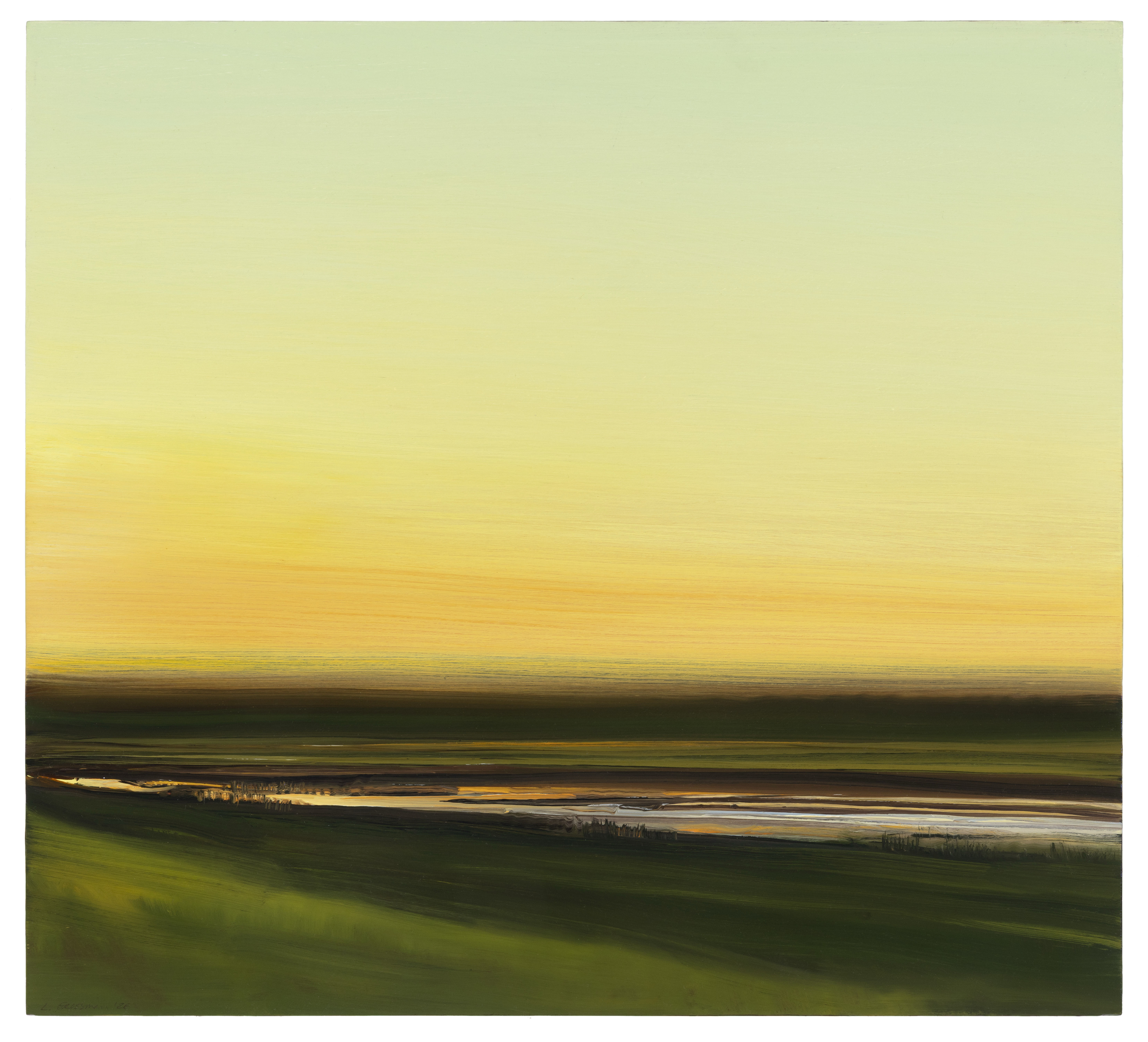 Layered horizontal landscape with a soft gradient sky transitioning from pale green at the top through warm yellows to golden tones. A dark green forested band spans the middle distance, with a silvery waterway threading through the lower portion, reflected light creating luminous accents across the composition. Painted with horizontal brushstrokes that create a sense of atmospheric depth and stillness.