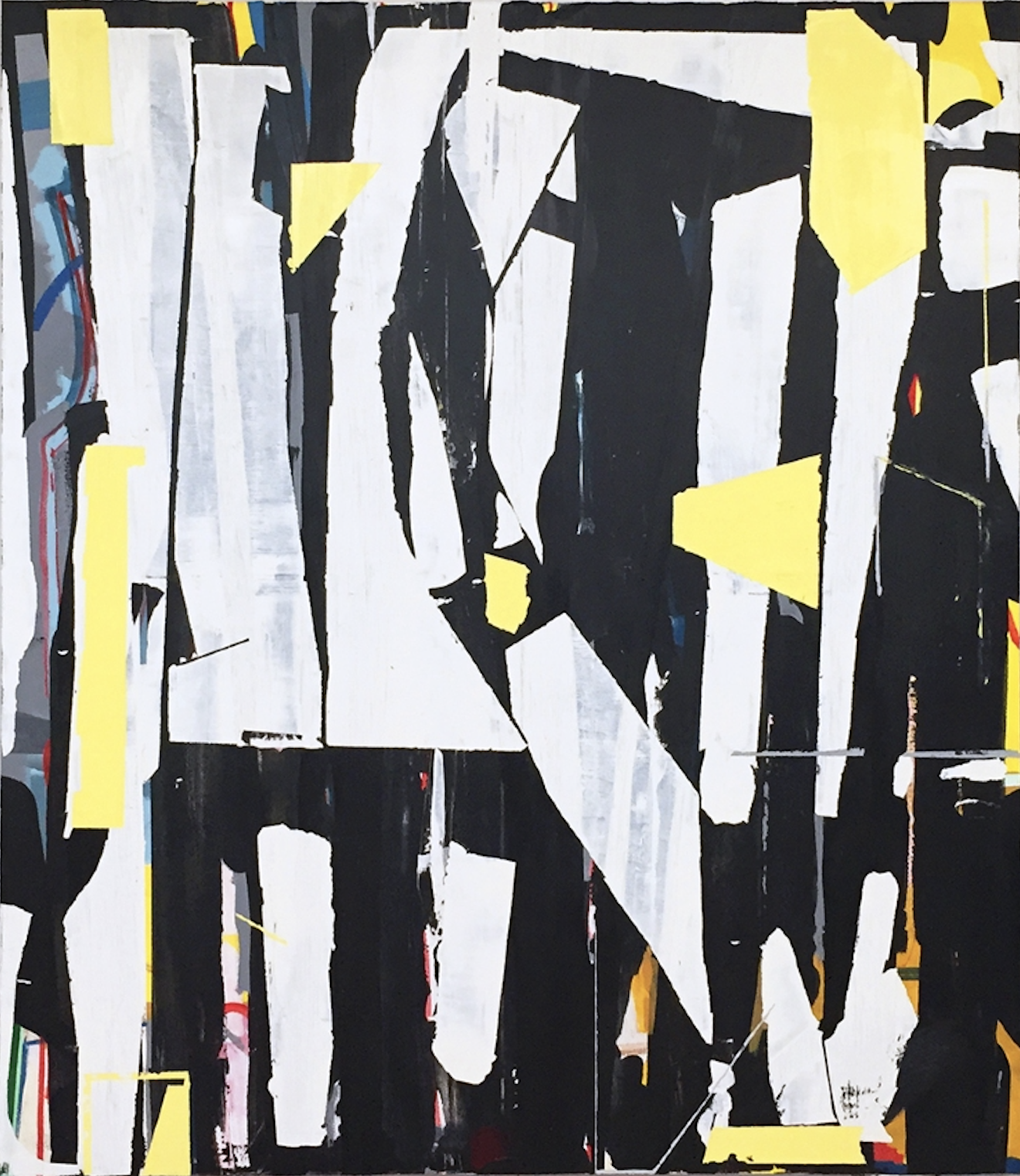 Abstract composition dominated by bold vertical stripes of black, white, and gray, punctuated by bright yellow geometric forms and accents of blue and red. Layered brushstrokes and overlapping shapes create visual movement and depth across the canvas.