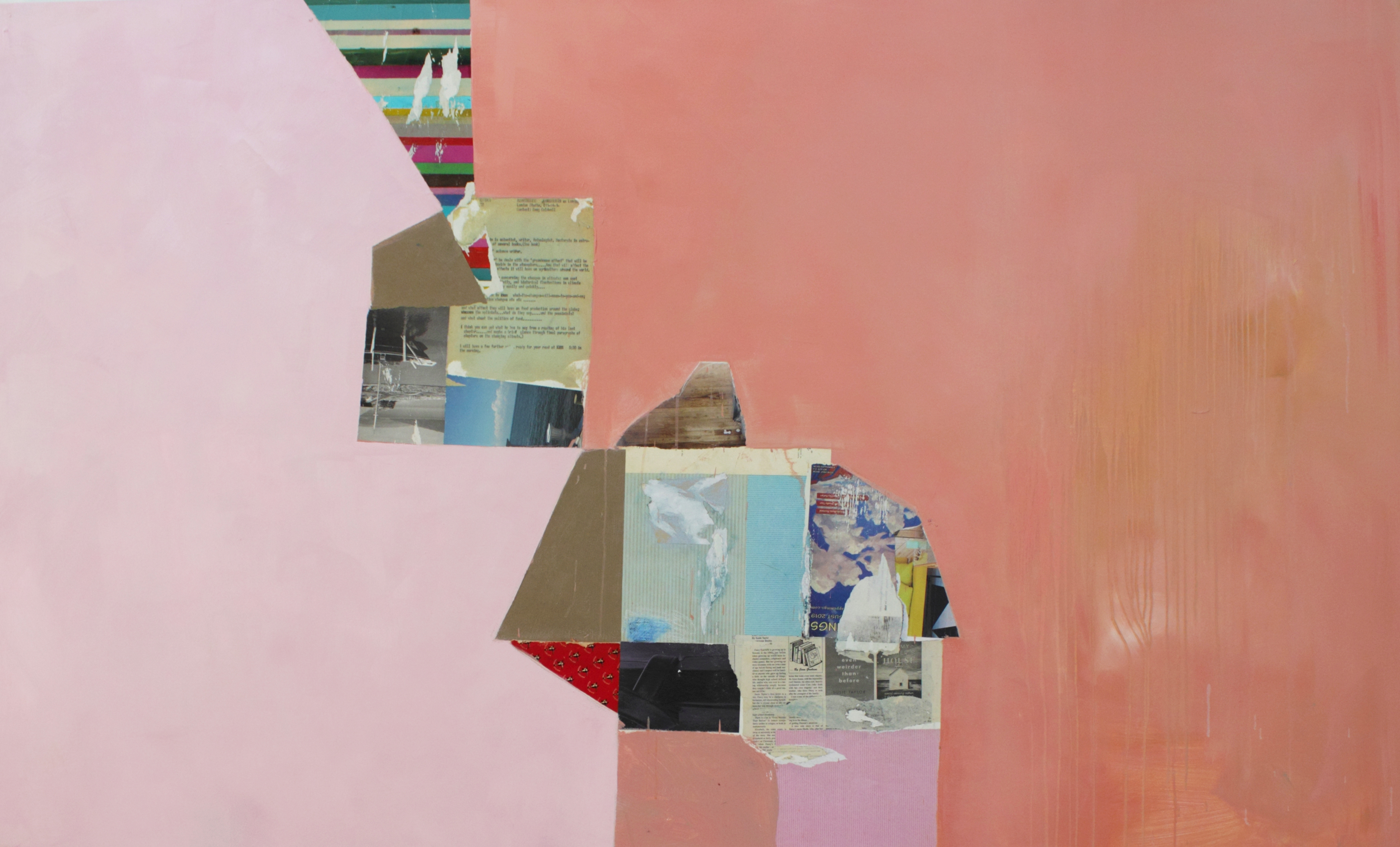 Collaged fragments of photographs, text, and patterned papers arranged against a soft pink and coral acrylic background, creating abstract silhouettes of two human figures in profile facing left.