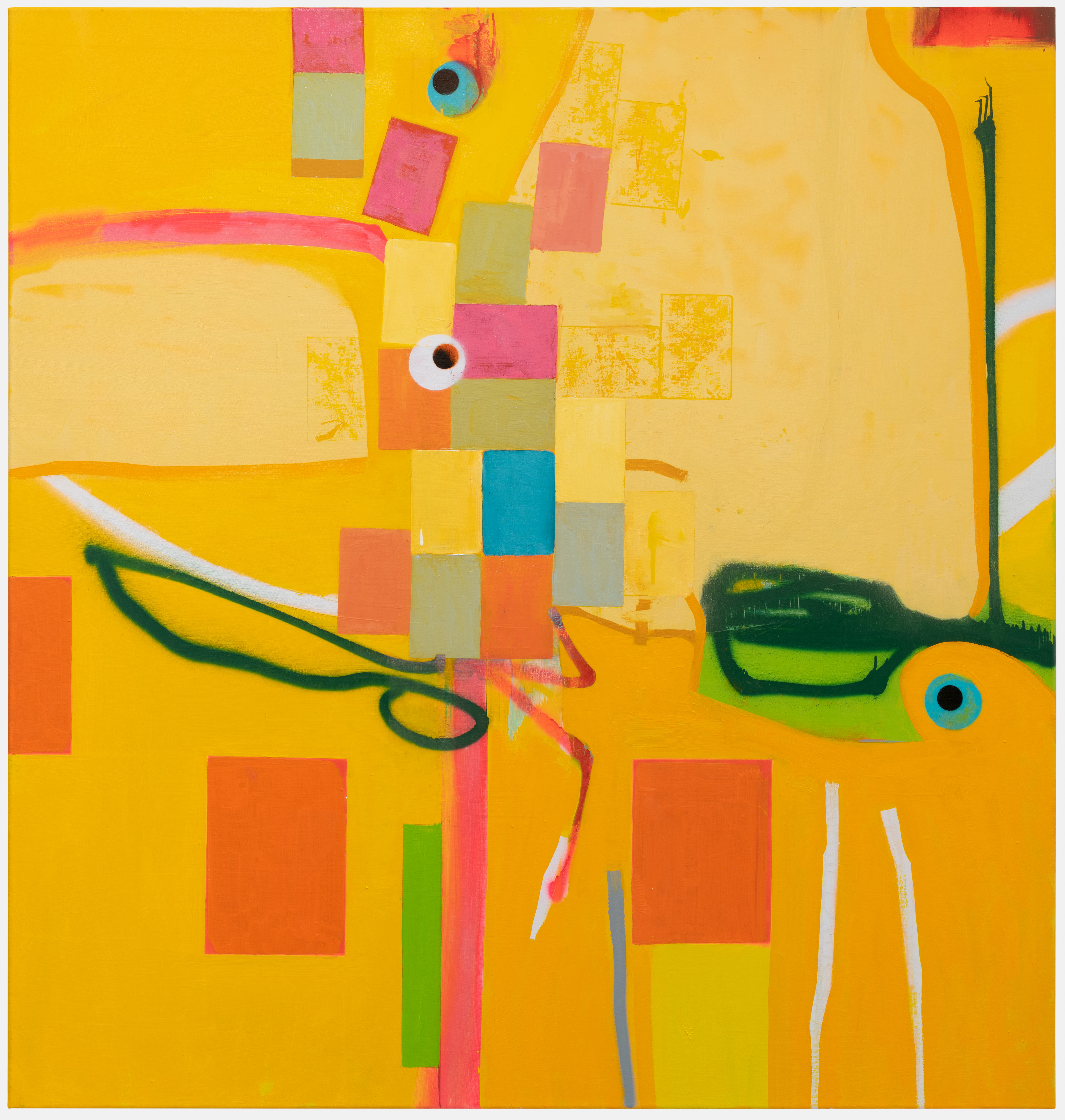 A vibrant abstract composition dominated by warm yellows and oranges, featuring geometric shapes in pink, coral, sage green, and teal scattered across the canvas. Three bright blue eyes with white circles gaze outward, while expressive dark green curved lines and white gestural marks create movement throughout the piece. The layered, textured surface suggests mixed media application.