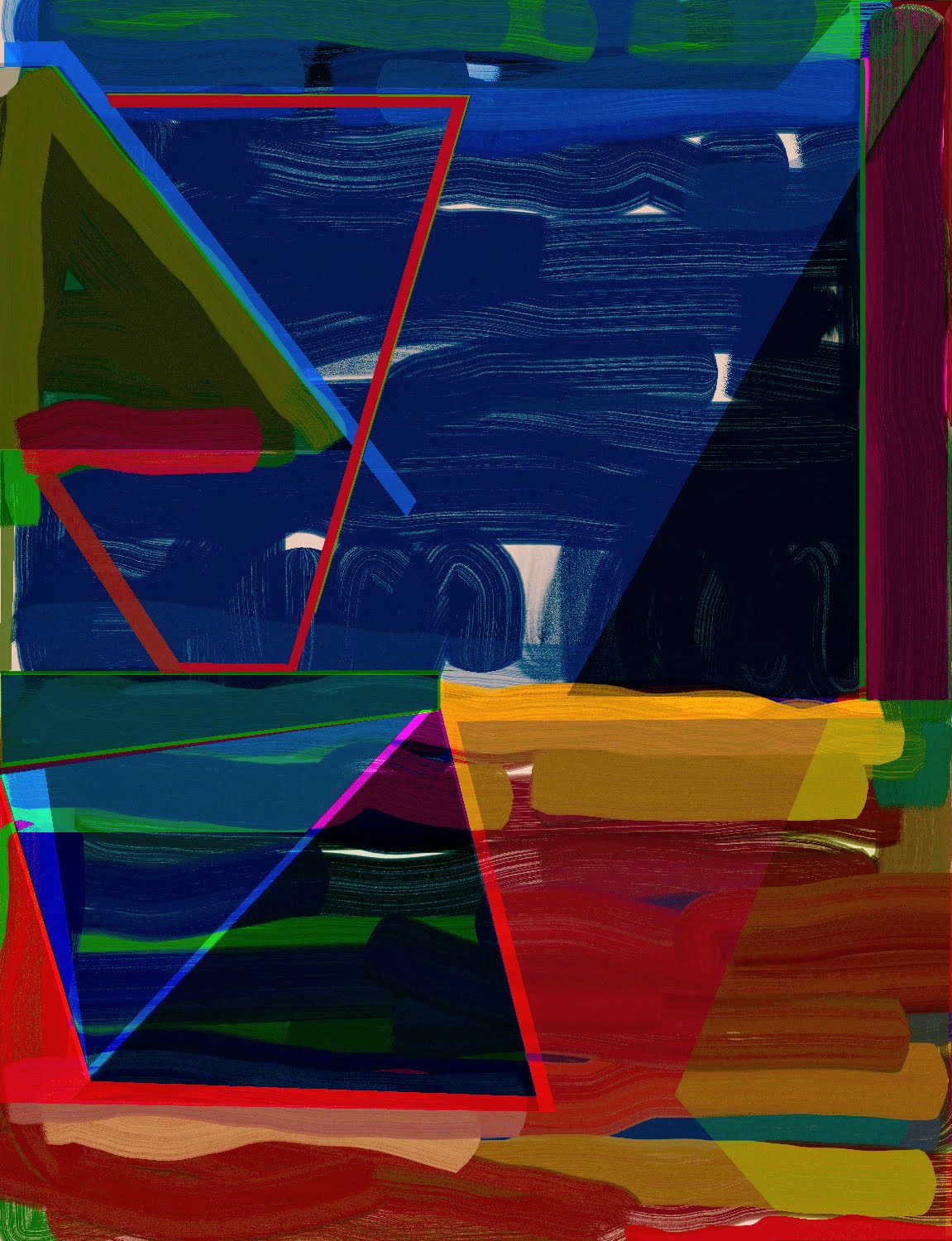 Abstract composition featuring bold geometric shapes in vibrant colors—deep blue, red, lime green, yellow, and black—layered with angular triangular and trapezoidal forms. Horizontal brushstroke textures create movement across the composition, while contrasting flat color areas and linear elements intersect throughout the dynamic, non-representational design.