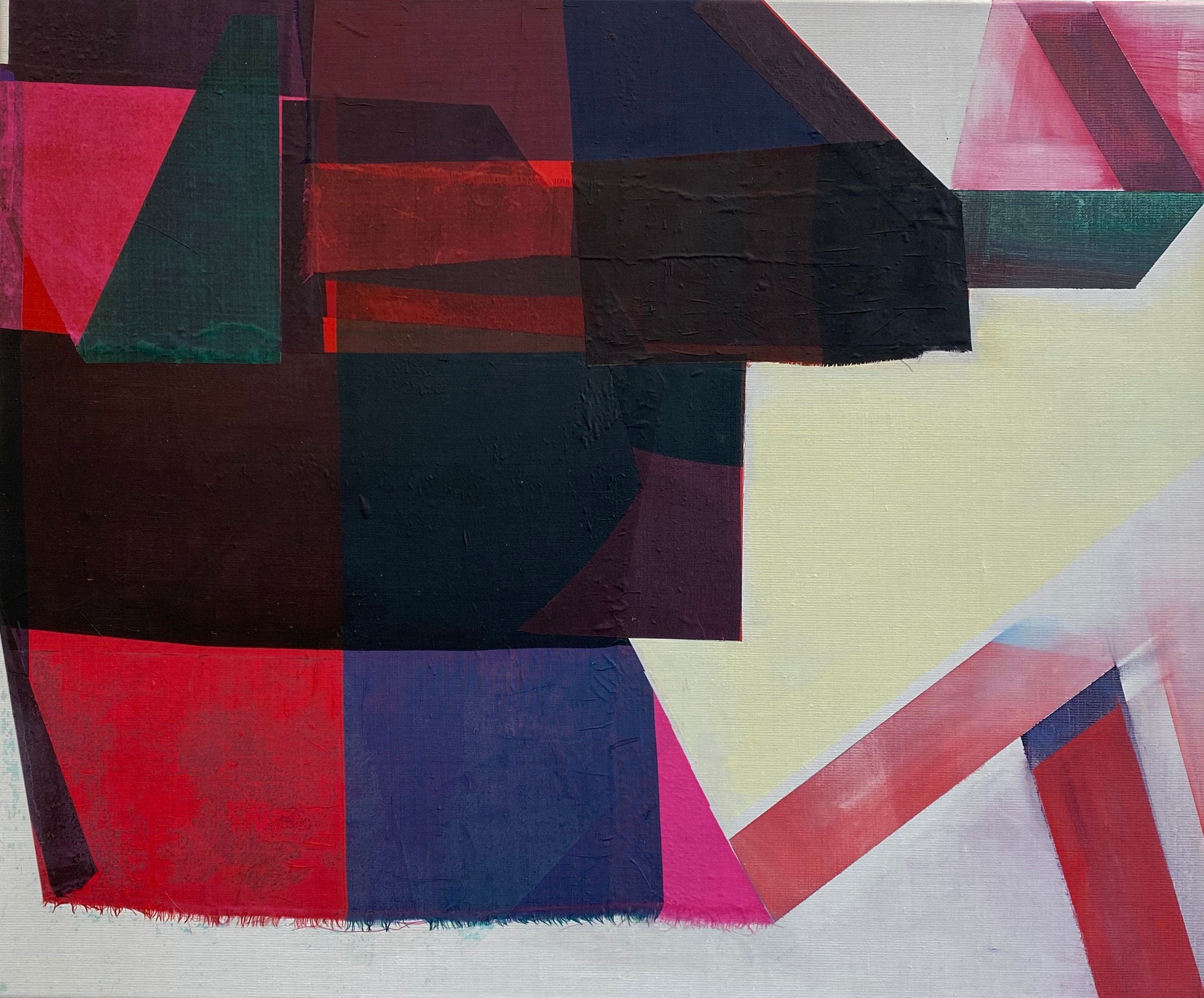 Abstract composition featuring overlapping geometric shapes in deep reds, navy blues, teals, and cream, with visible brushwork and layered fabric elements creating a dynamic, fragmented visual rhythm across the canvas.