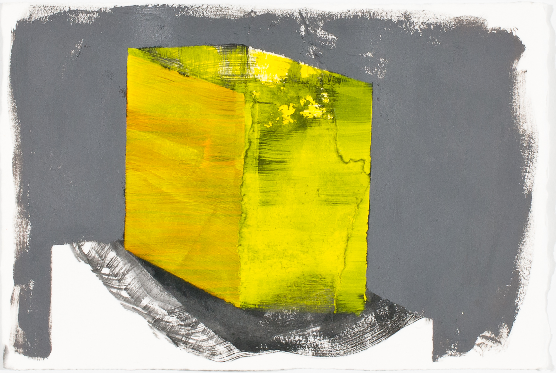 A vibrant yellow-green cube with visible brushstrokes sits atop a gestural black and white curved form against a muted gray background with weathered edges. The composition combines geometric precision with expressive mark-making, creating a dynamic contrast between the luminous painted cube and the sketchy linear elements below.