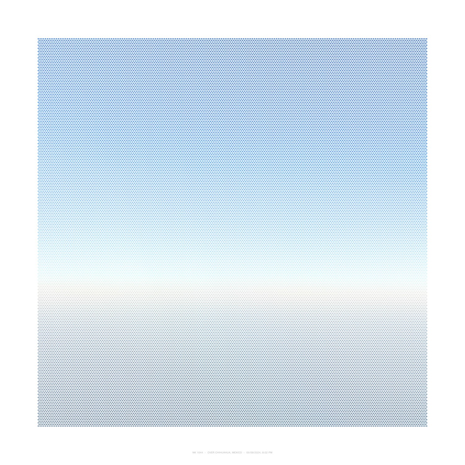 A gradient composition rendered in blue halftone dots, transitioning from deep saturated blue at the top to pale blue-white at the center, then returning to blue tones toward the bottom. The dotted pattern creates a subtle texture across the entire square composition.