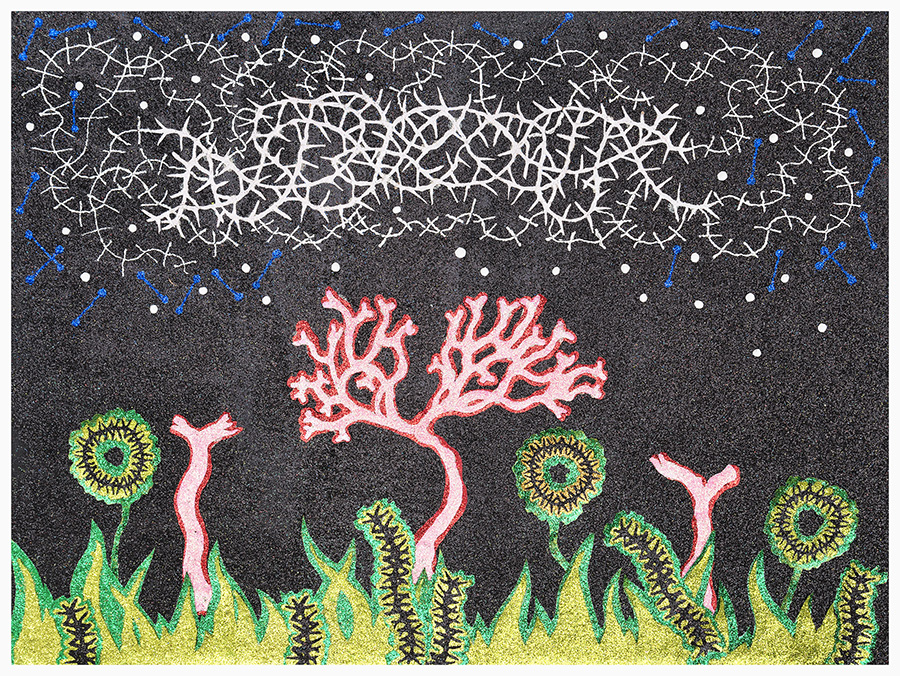 A textured mixed-media artwork featuring a nighttime garden scene with luminous green sunflowers and pink coral-like trees against a dark speckled background. White branching patterns fill the upper portion like neurons or bare trees, while blue and white dots suggest stars, with glitter catching light throughout the composition.