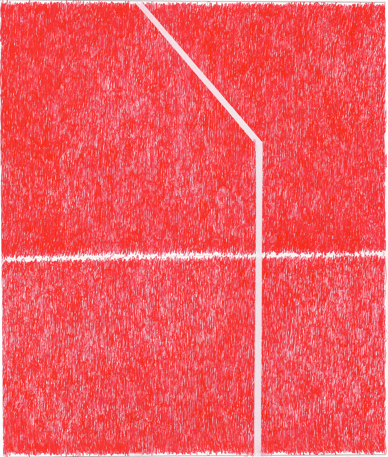 A vibrant red abstract composition divided into four sections by white linear elements. Dense, gestural red marks cover the entire surface, creating a textured, energetic field interrupted by clean white lines that form a geometric division across the canvas.