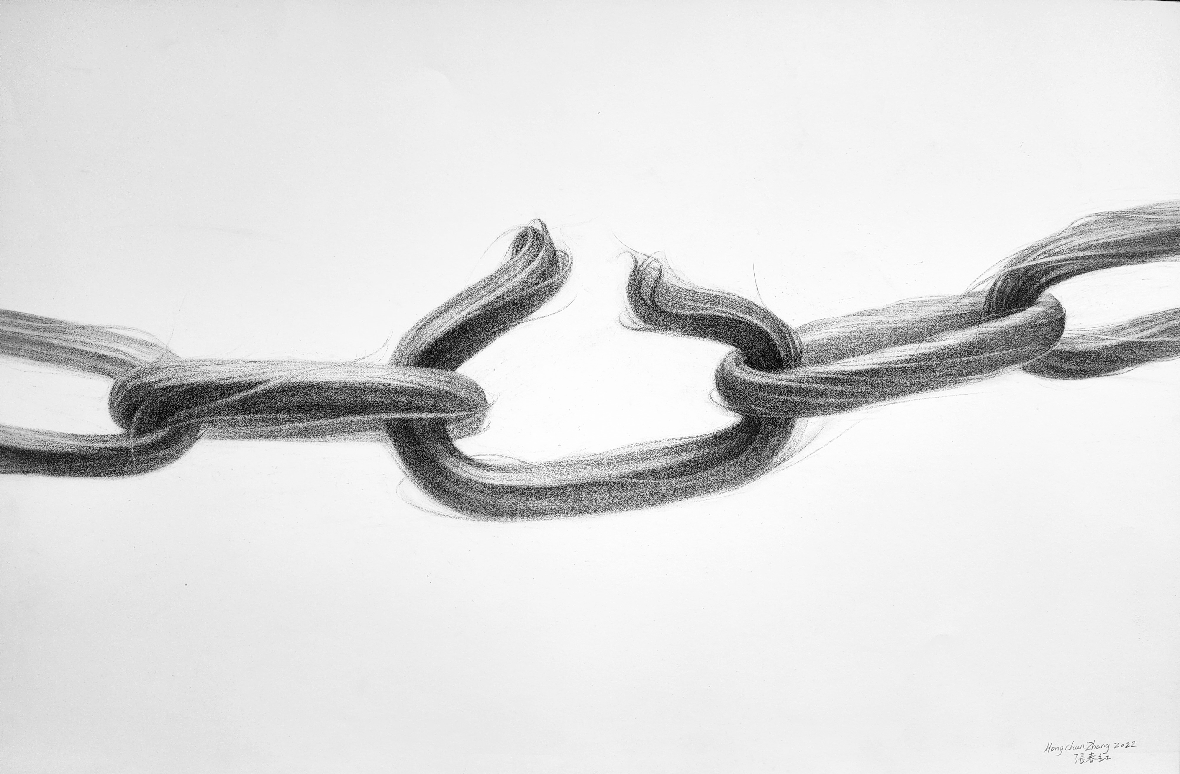 Charcoal drawing on white paper depicting three curved, organic forms resembling twisted or broken strands, rendered with careful gradation and dimensional shading to create a sense of volume and movement across the composition.