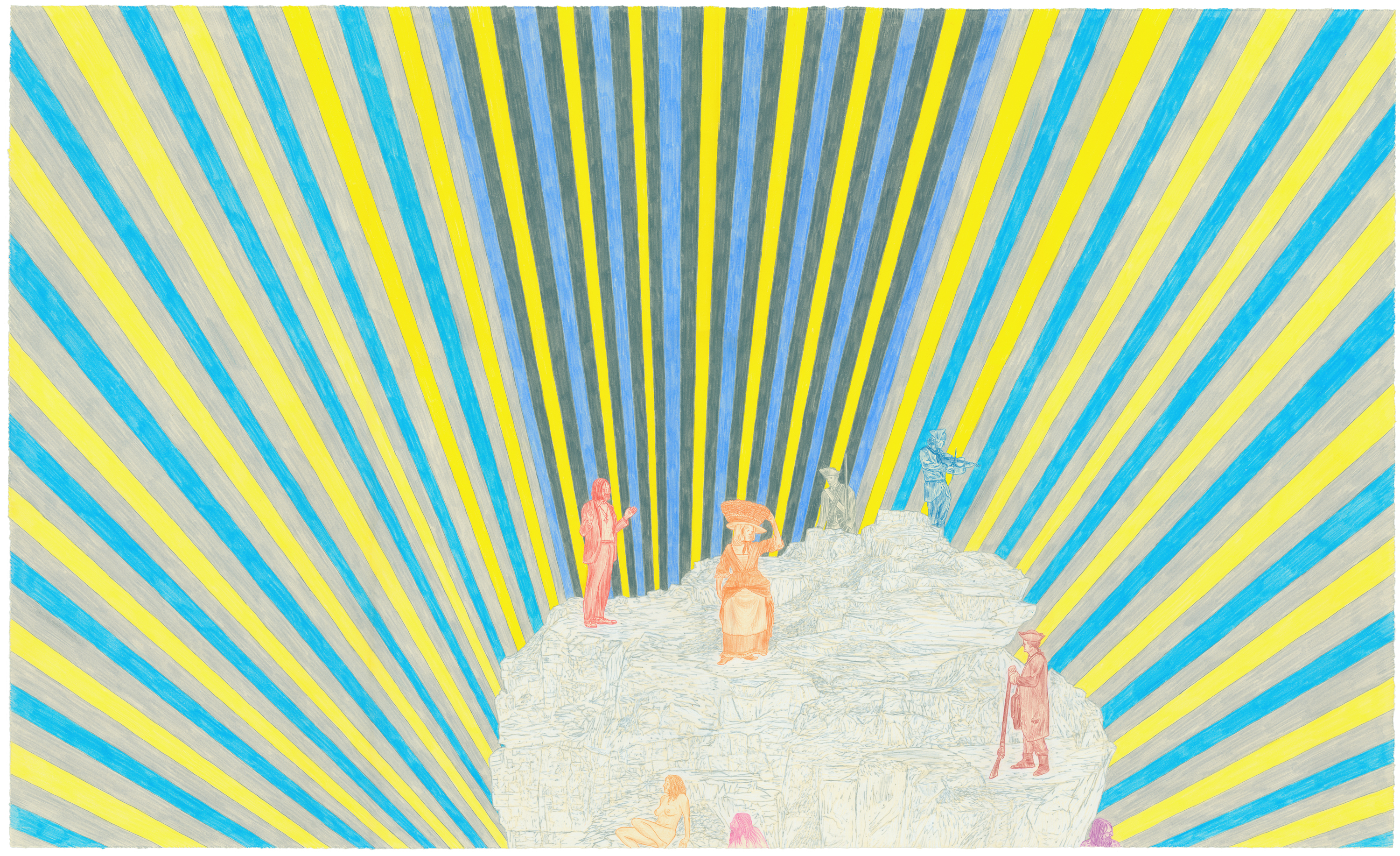 Radiating stripes of yellow, blue, and gray burst outward from a central mountainous landscape populated with small figures in various poses and colors. The geometric, sunburst pattern creates a sense of spiritual or cosmic energy emanating from the earthly scene rendered in delicate detail at the composition's center.