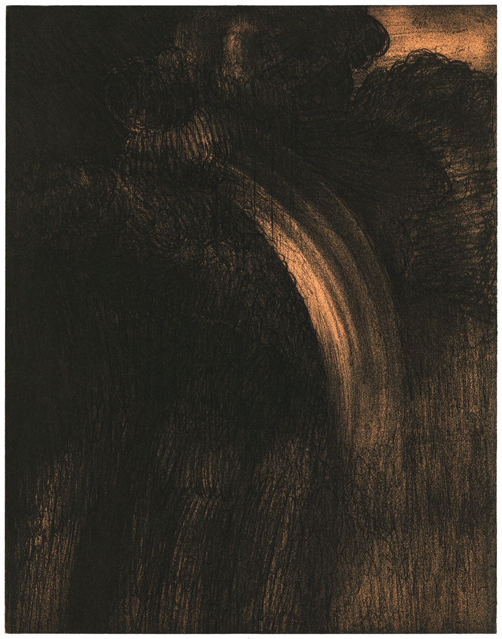 A darkly rendered etching depicting a solitary figure in profile, rendered in deep blacks and warm golden-brown tones. The composition emphasizes dramatic chiaroscuro, with the figure's form emerging from shadow through delicate linear hatching and tonal gradation.