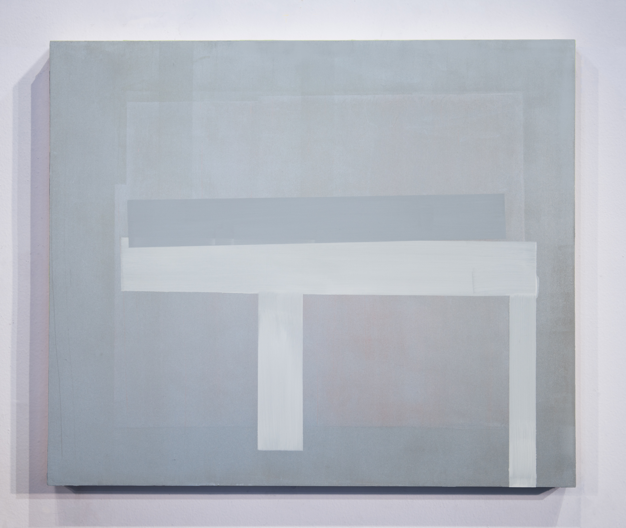 Abstract composition of overlapping rectangular forms in white, gray, and pale blue tones on a cradled panel. Geometric shapes create a layered, architectural quality with subtle gradations and soft edges throughout.