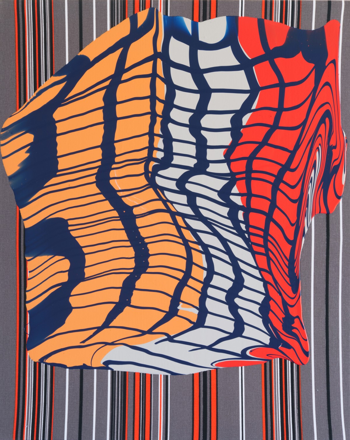 A three-dimensional fabric artwork featuring a rippling, wave-like form divided into three vertical sections colored orange, cream, and red, with dark blue contour lines creating a mesh pattern across the surface. The piece is mounted against a striped gray background.