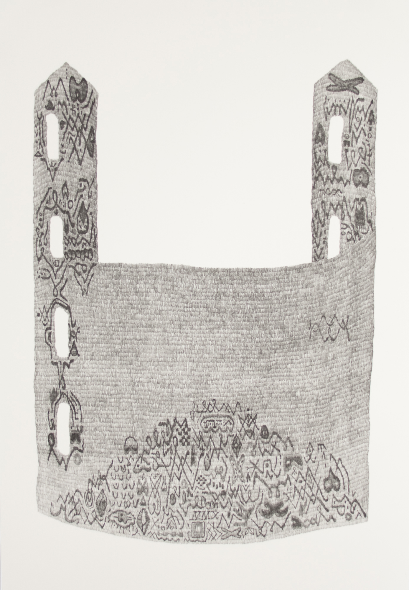 A tall, narrow architectural structure rendered in fine crosshatching and linear marks. Two tapered towers with pointed tops frame a central void, while the base features dense, intricate patterning suggesting a crowded landscape or cityscape below.