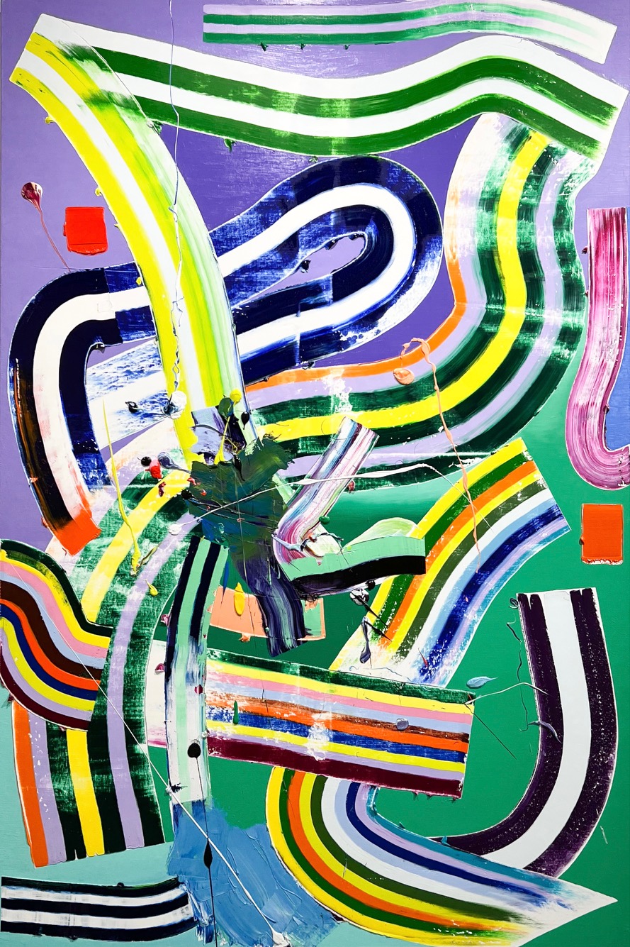 Abstract composition featuring bold, flowing curved stripes in vibrant colors including yellow, green, navy blue, orange, pink, and white set against a purple and green background. Layered gestural brushstrokes and organic forms create a dynamic, interlocking pattern across the canvas.