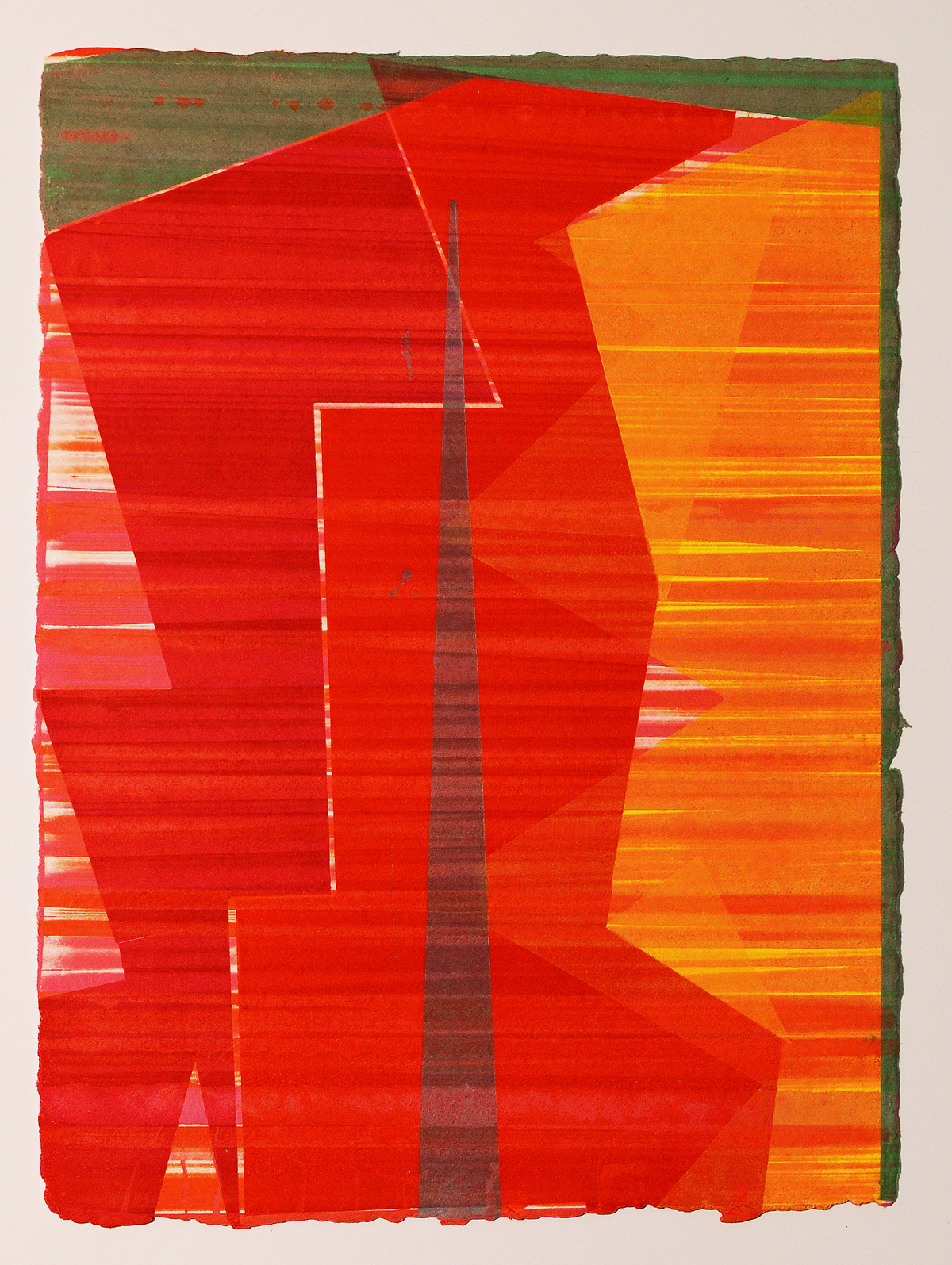 Abstract monoprint featuring bold geometric forms in vibrant red and orange hues with white linear elements and a dark vertical stripe down the center. The composition is set against a muted green border on handmade paper with an irregular, organic edge.