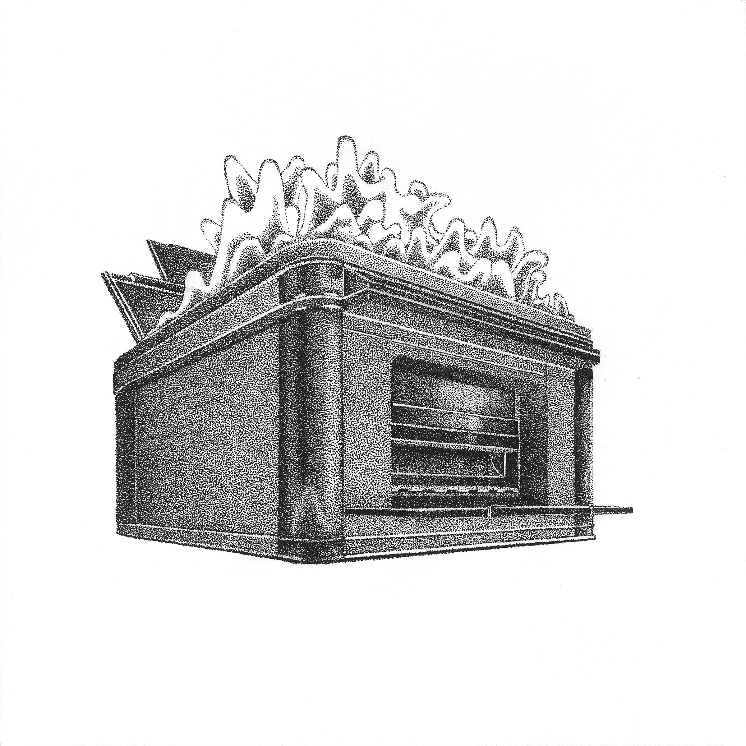 Pointillist ink drawing of a compact cubic structure with an open front panel revealing interior shelving, topped with an explosion of organic, branching forms that radiate upward and outward against a white background.